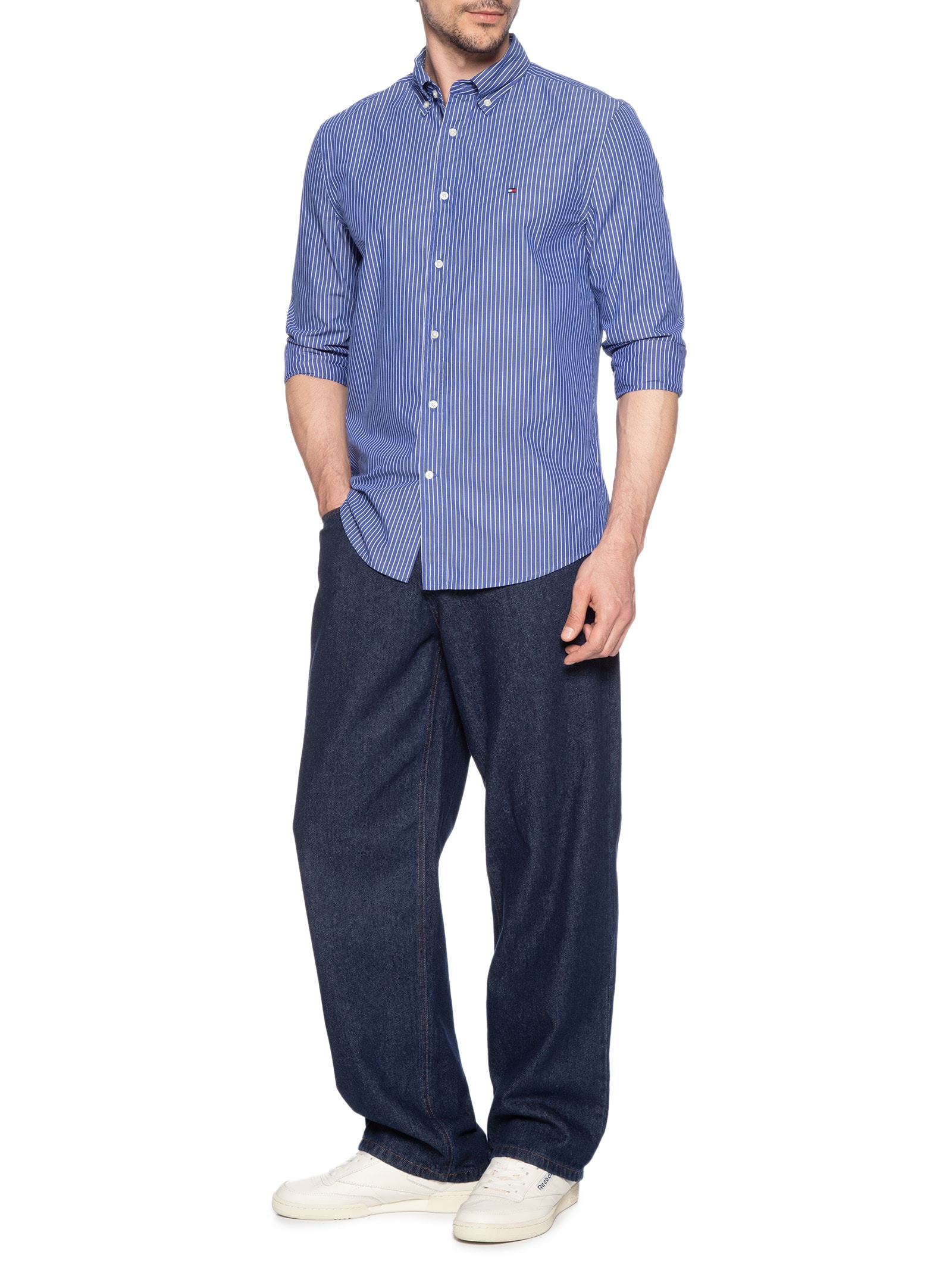 Camisa Masculina Social Regular Fit Em Popline Estampada Azul Tommy Hilfiger