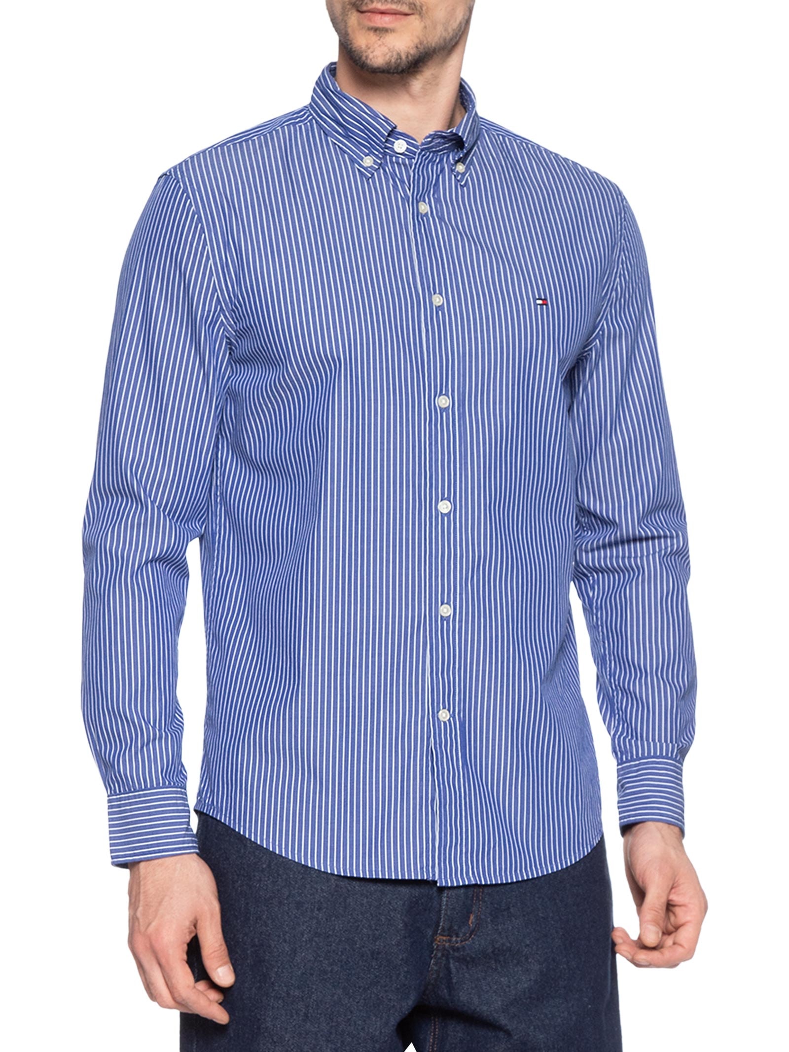 Camisa Masculina Social Regular Fit Em Popline Estampada Azul Tommy Hilfiger