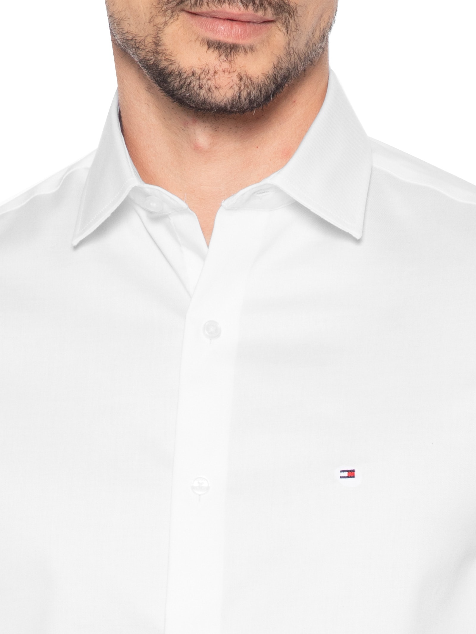 Camisa Masculina Social Regular Fit Logo No Peito Stretch Branco Tommy Hilfiger