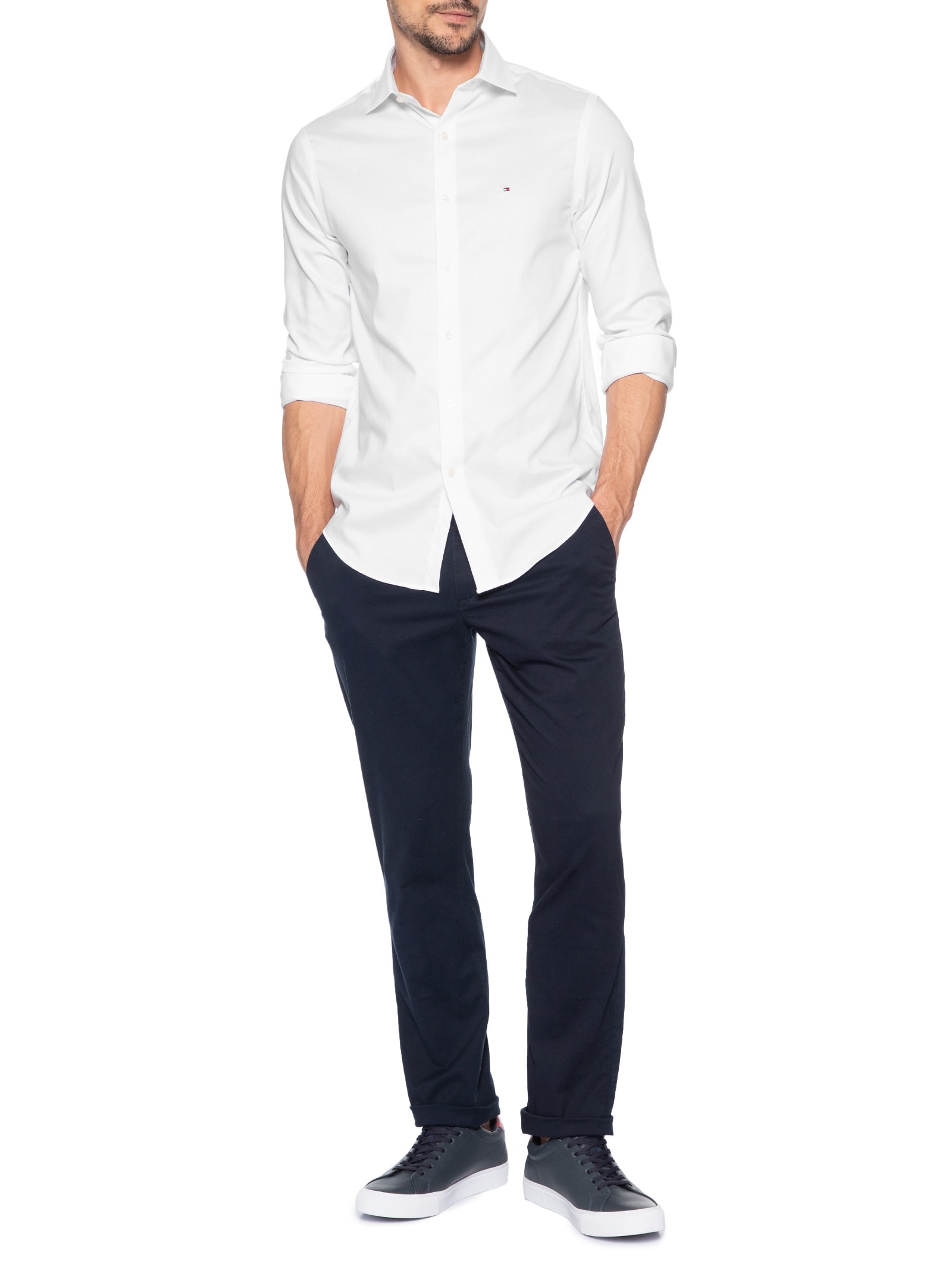 Camisa Masculina Social Regular Fit Logo No Peito Stretch Branco Tommy Hilfiger