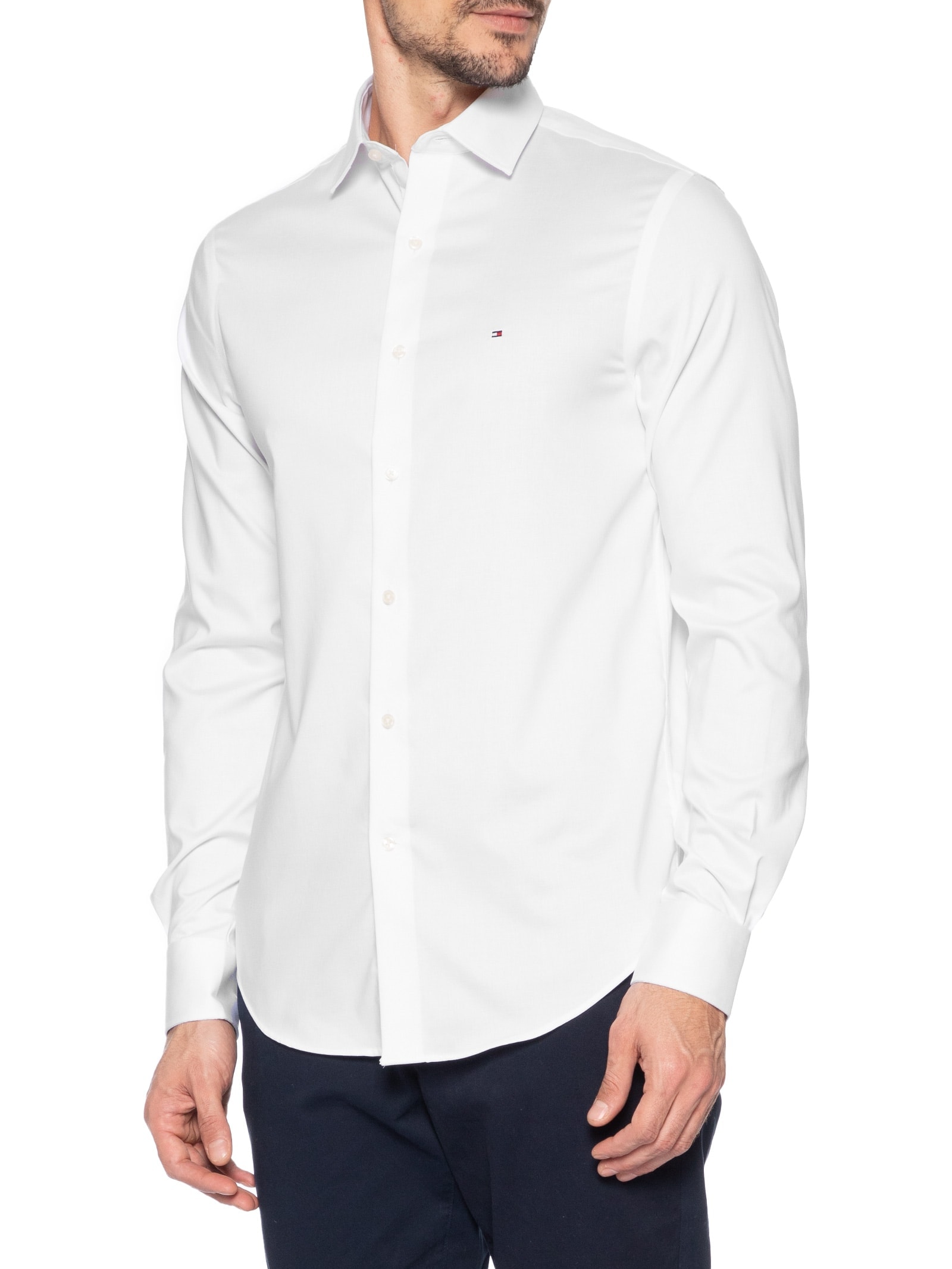 Camisa Masculina Social Regular Fit Logo No Peito Stretch Branco Tommy Hilfiger