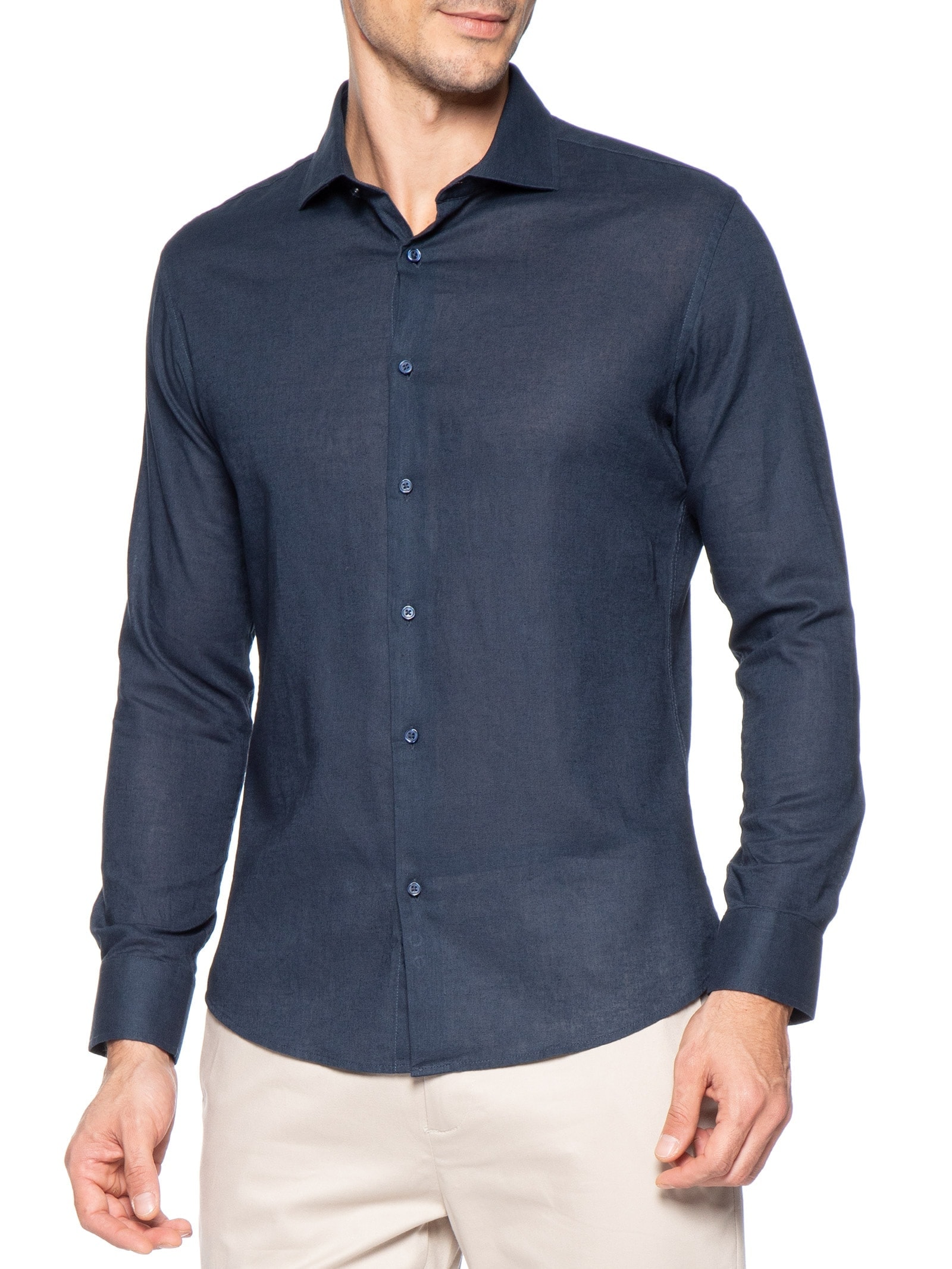 Camisa Masculina Social Slim Fit Blend Linho Azul '2 Essential