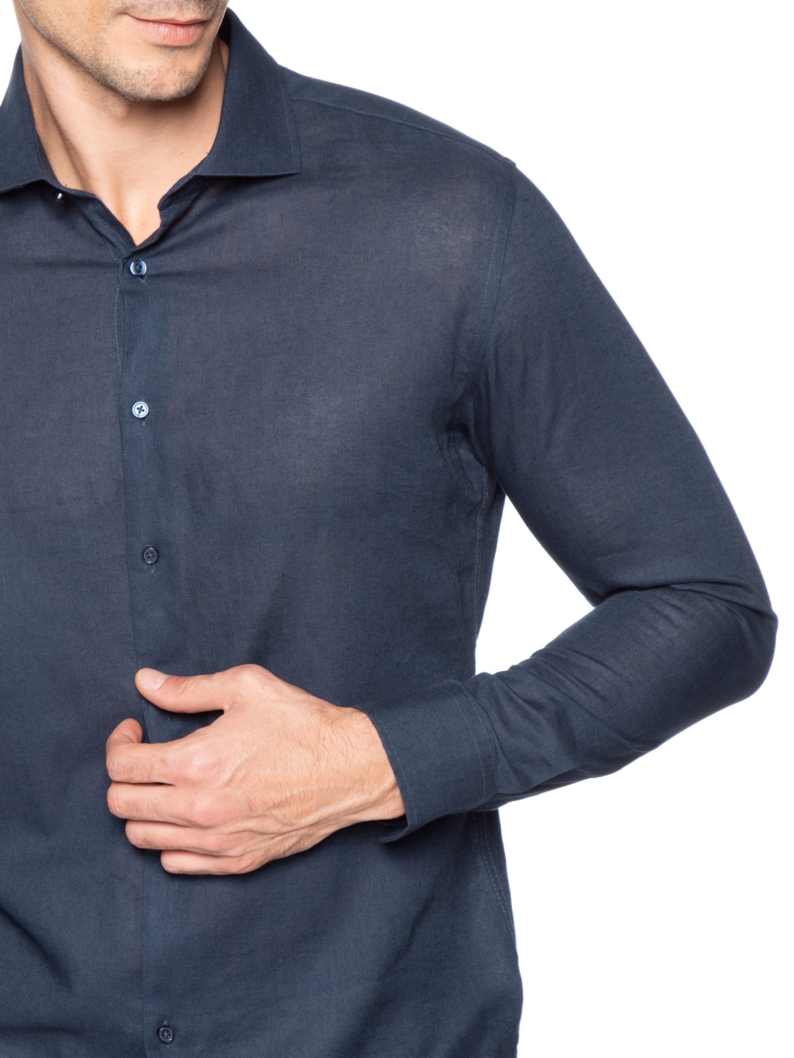 Camisa Masculina Social Slim Fit Blend Linho Azul '2 Essential