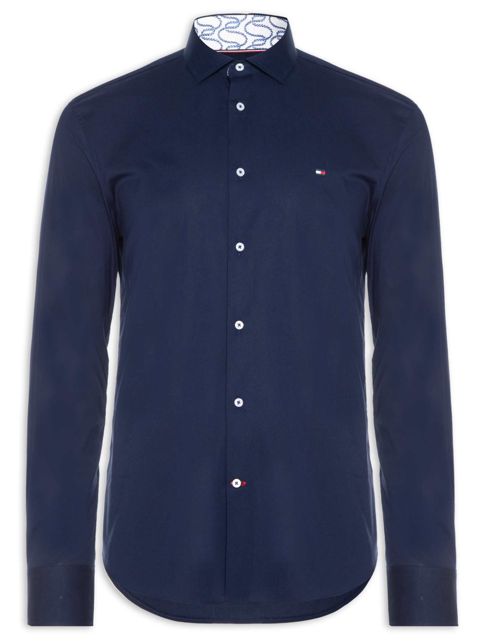 Camisa Masculina Social Slim Fit Detalhe Contrastante Poplin Azul Tommy Hilfiger