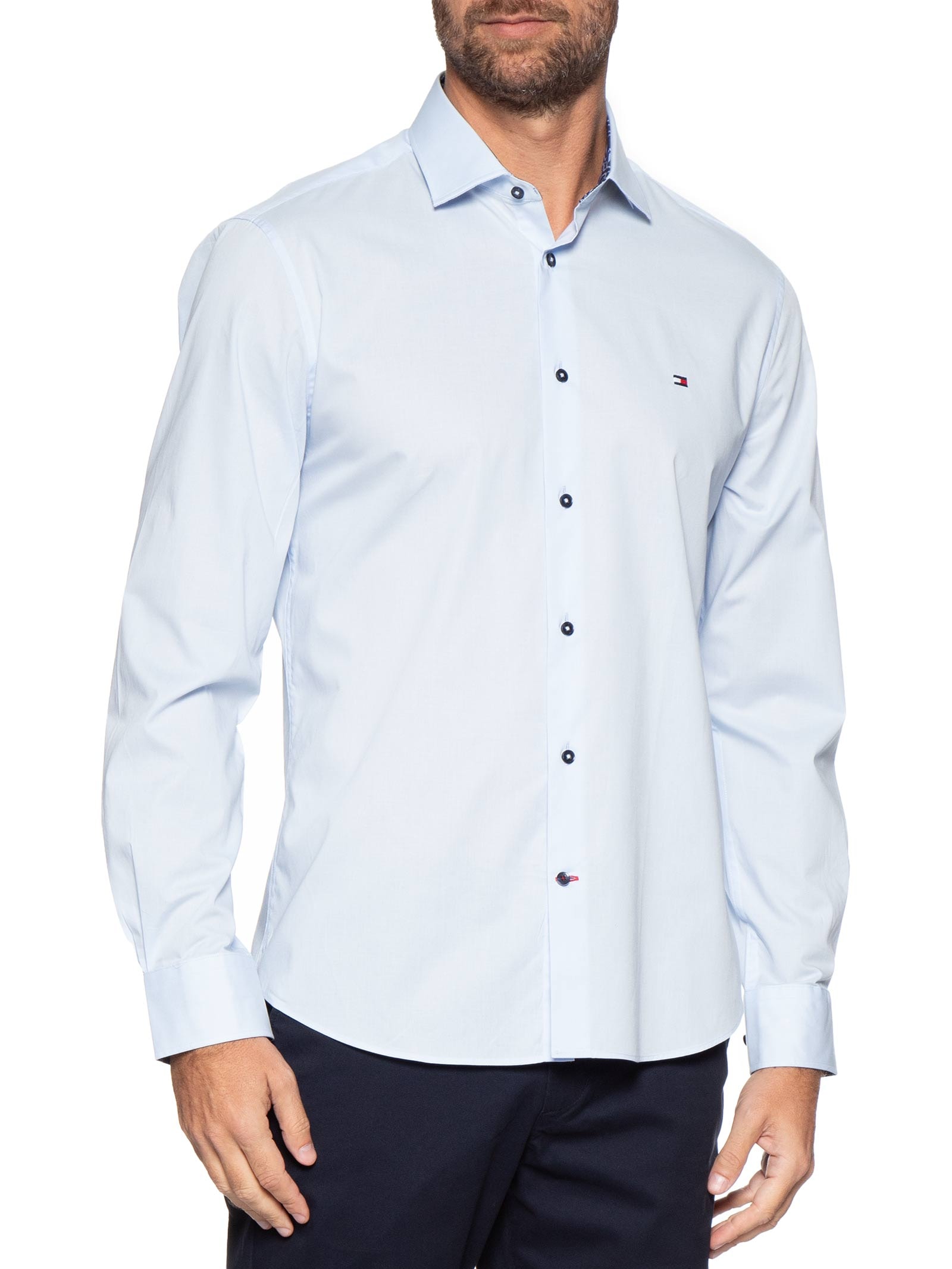 Camisa Masculina Social Slim Fit Detalhe Contrastante Poplin Azul Tommy Hilfiger