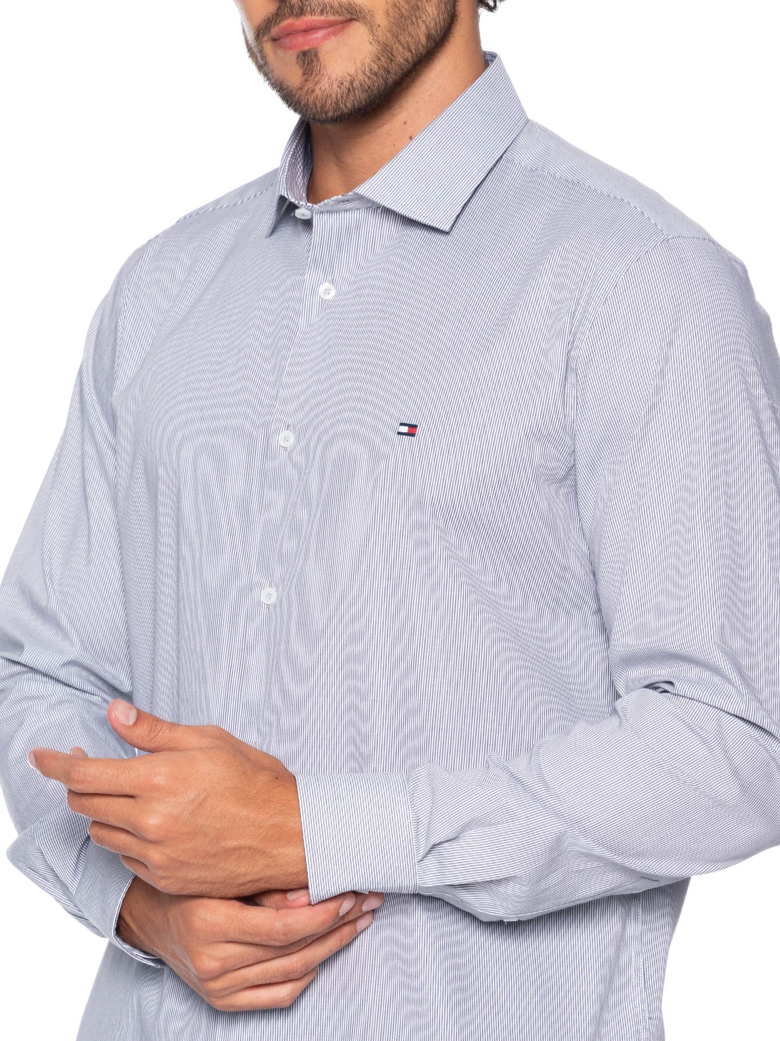 Camisa Masculina Social Slim Fit Listras Azul Tommy Hilfiger