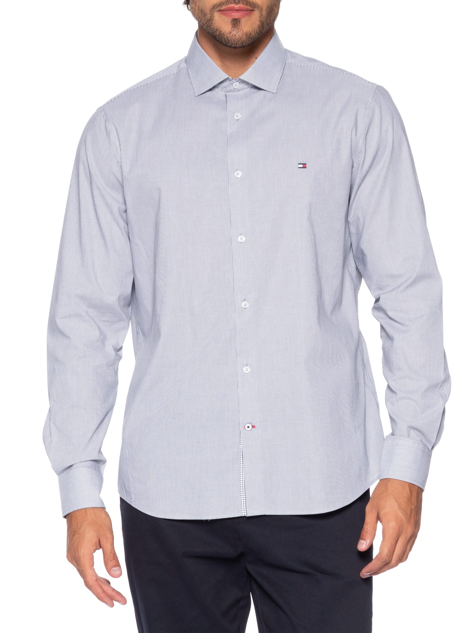 Camisa Masculina Social Slim Fit Listras Azul Tommy Hilfiger