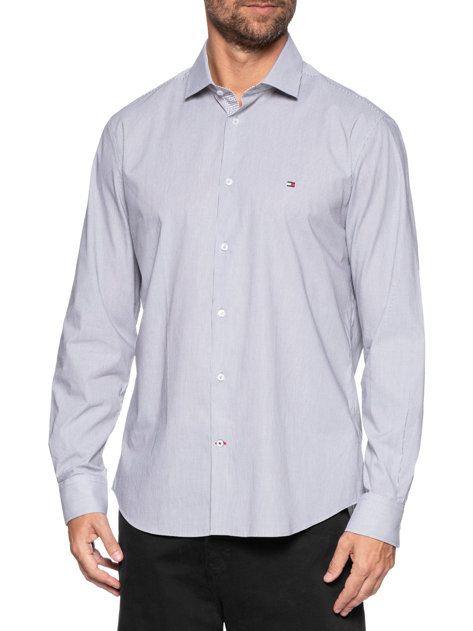 Camisa Masculina Social Slim Fit Listras Preto Tommy Hilfiger