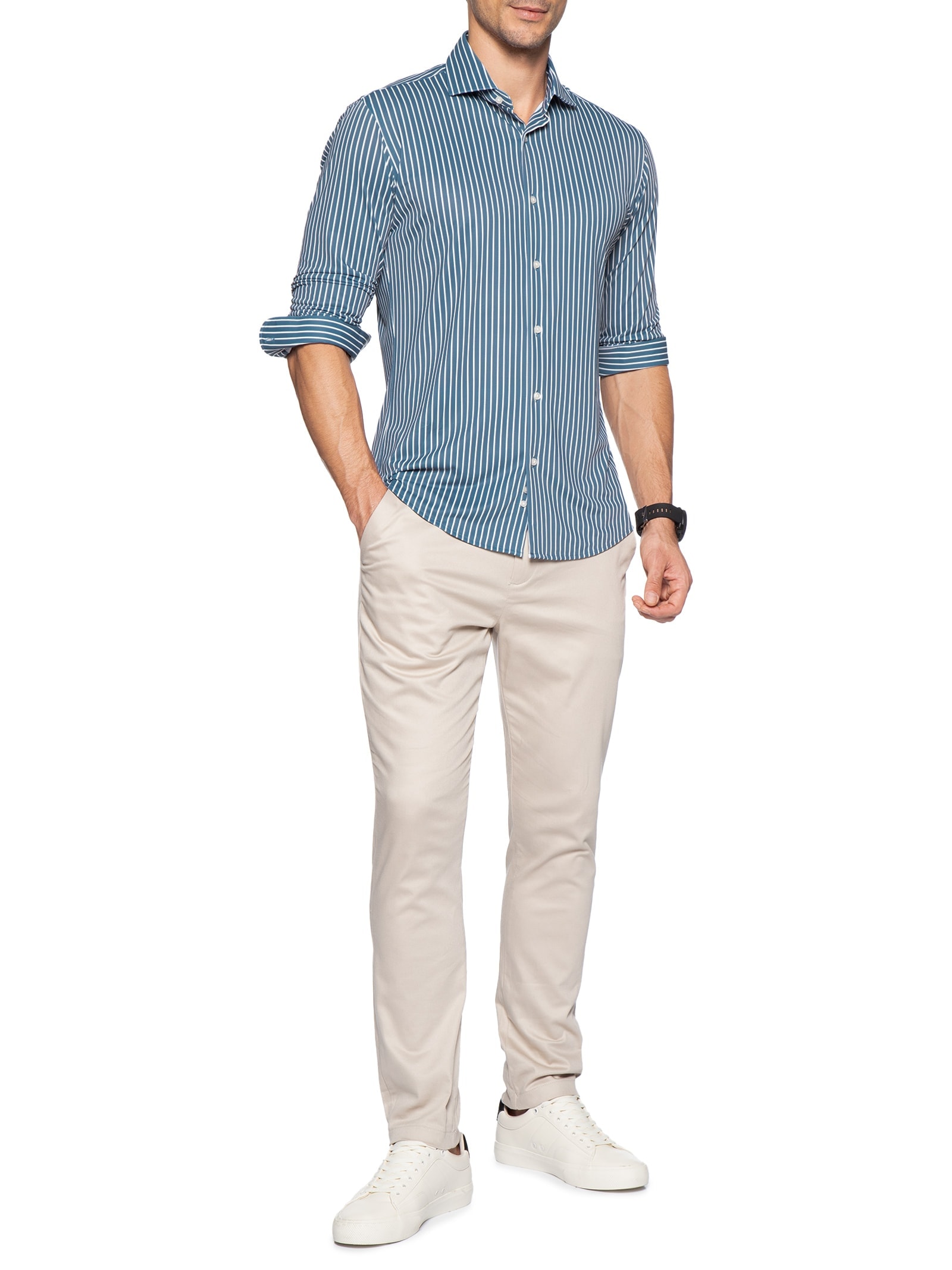 Camisa Masculina Social Slim Fit Tech Dots Respirável Azul '2 Essential