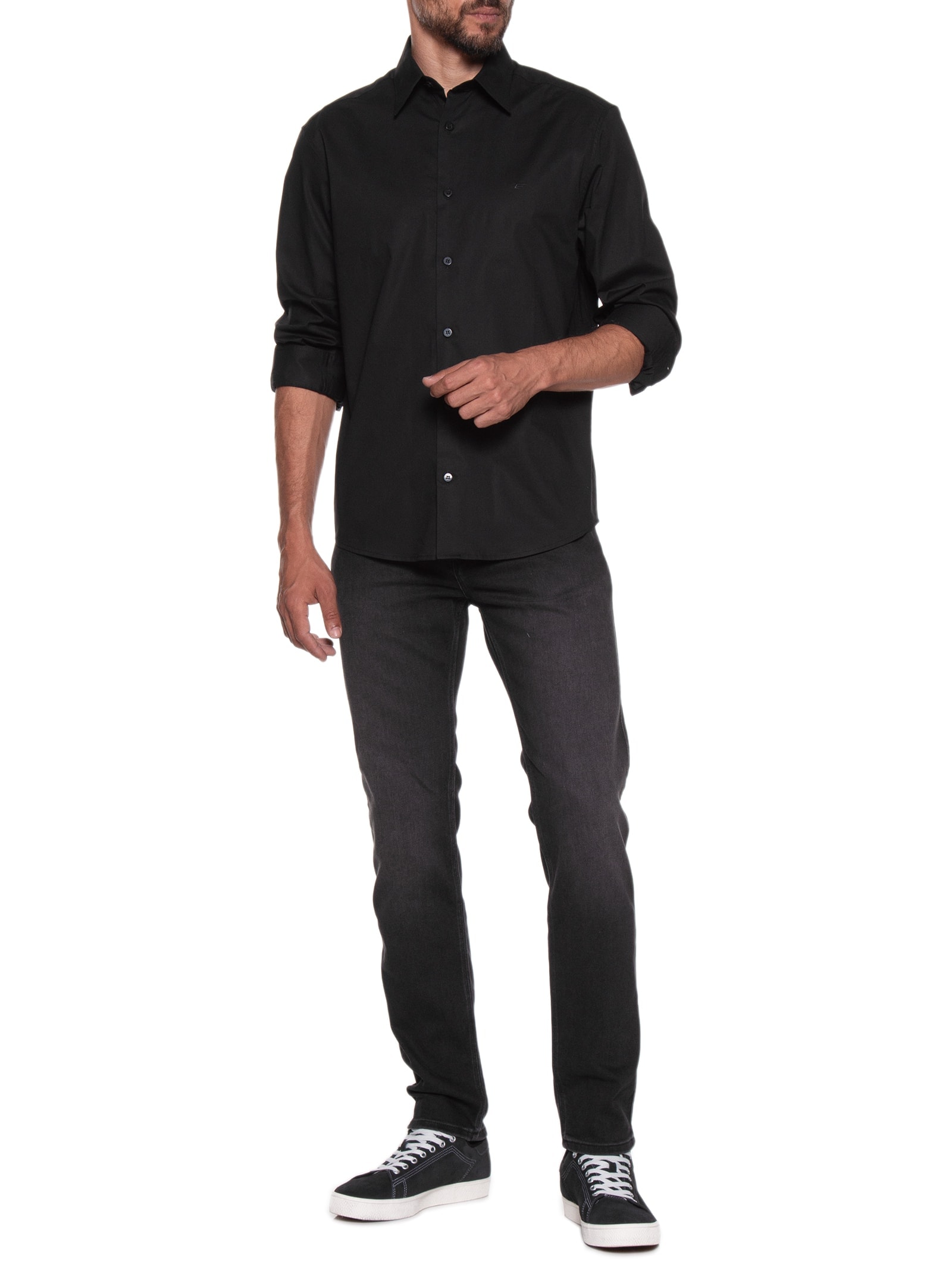 Camisa Masculina Tricoline Ly Slim Irish Preto Ellus