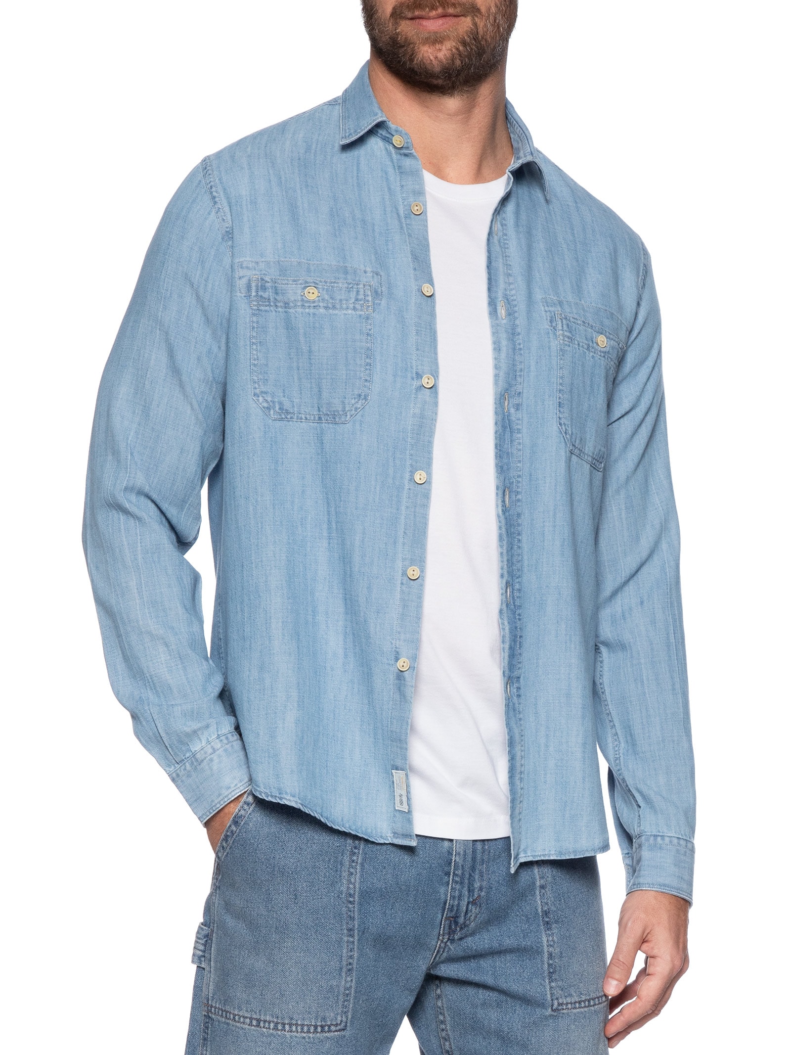 Camisa Masculina Utilitária Denim Azul Pineapple