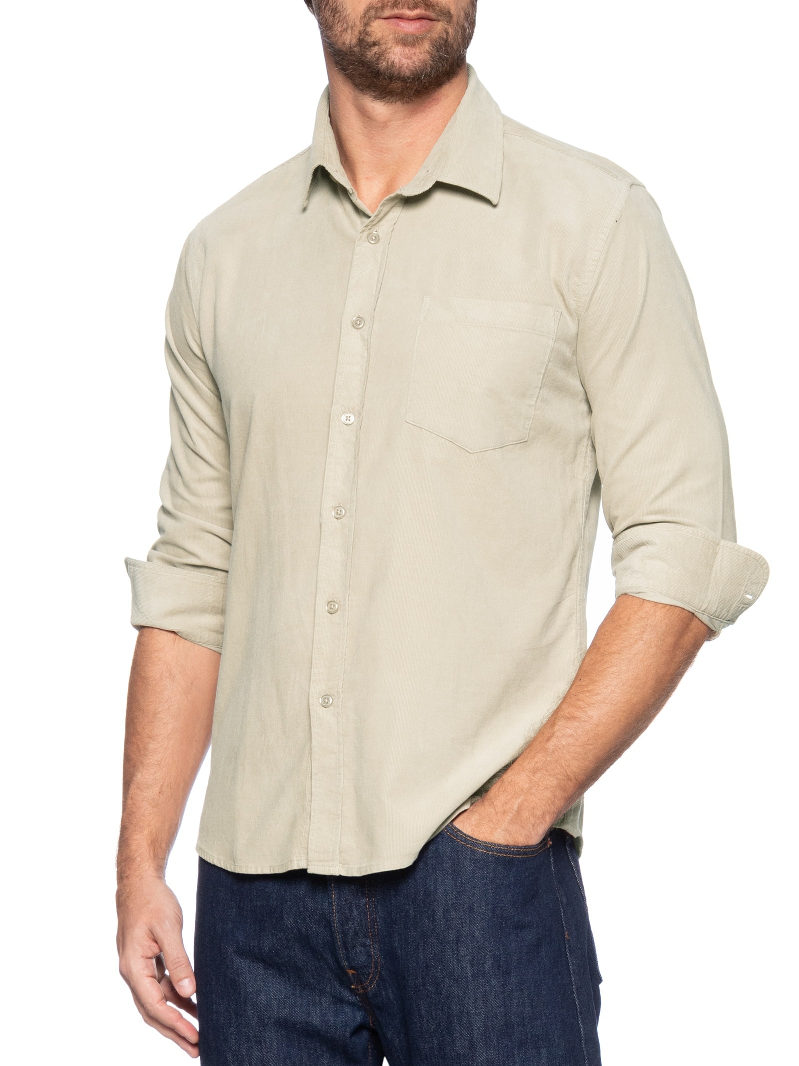 Camisa Masculina Veludo Manga Longa Bege  Basiq Men