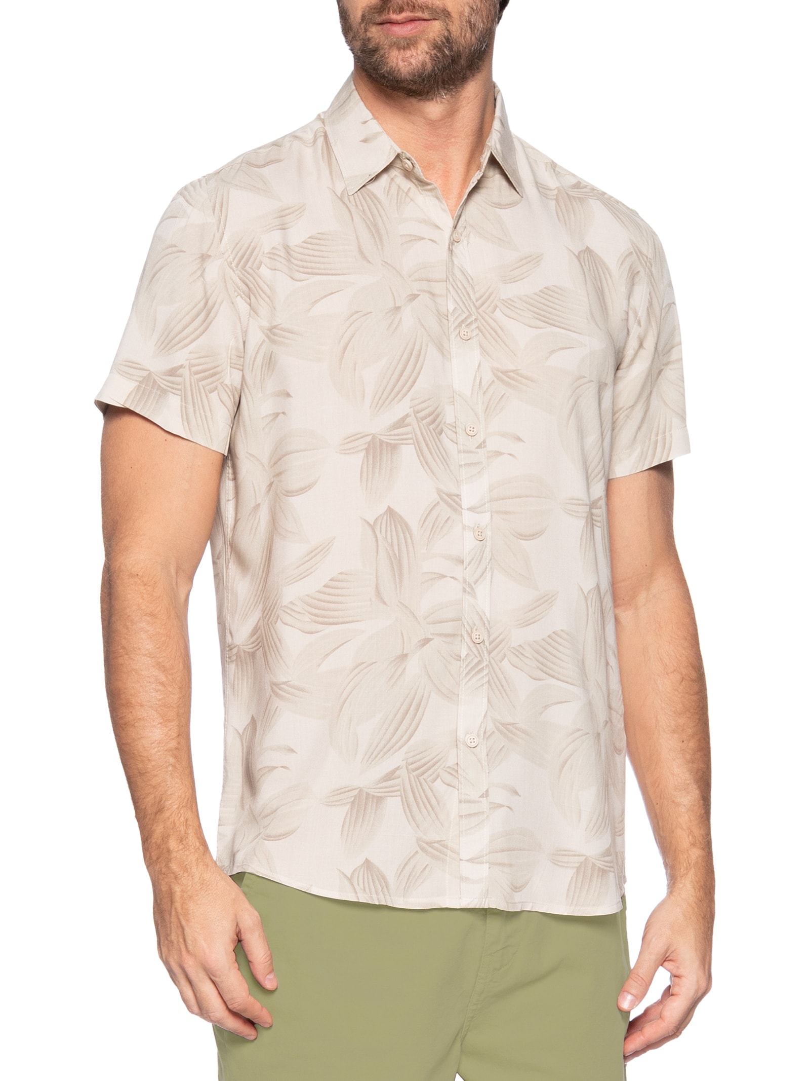 Camisa Masculina Viscose Estampa Folhagem Bege  Basiq Men