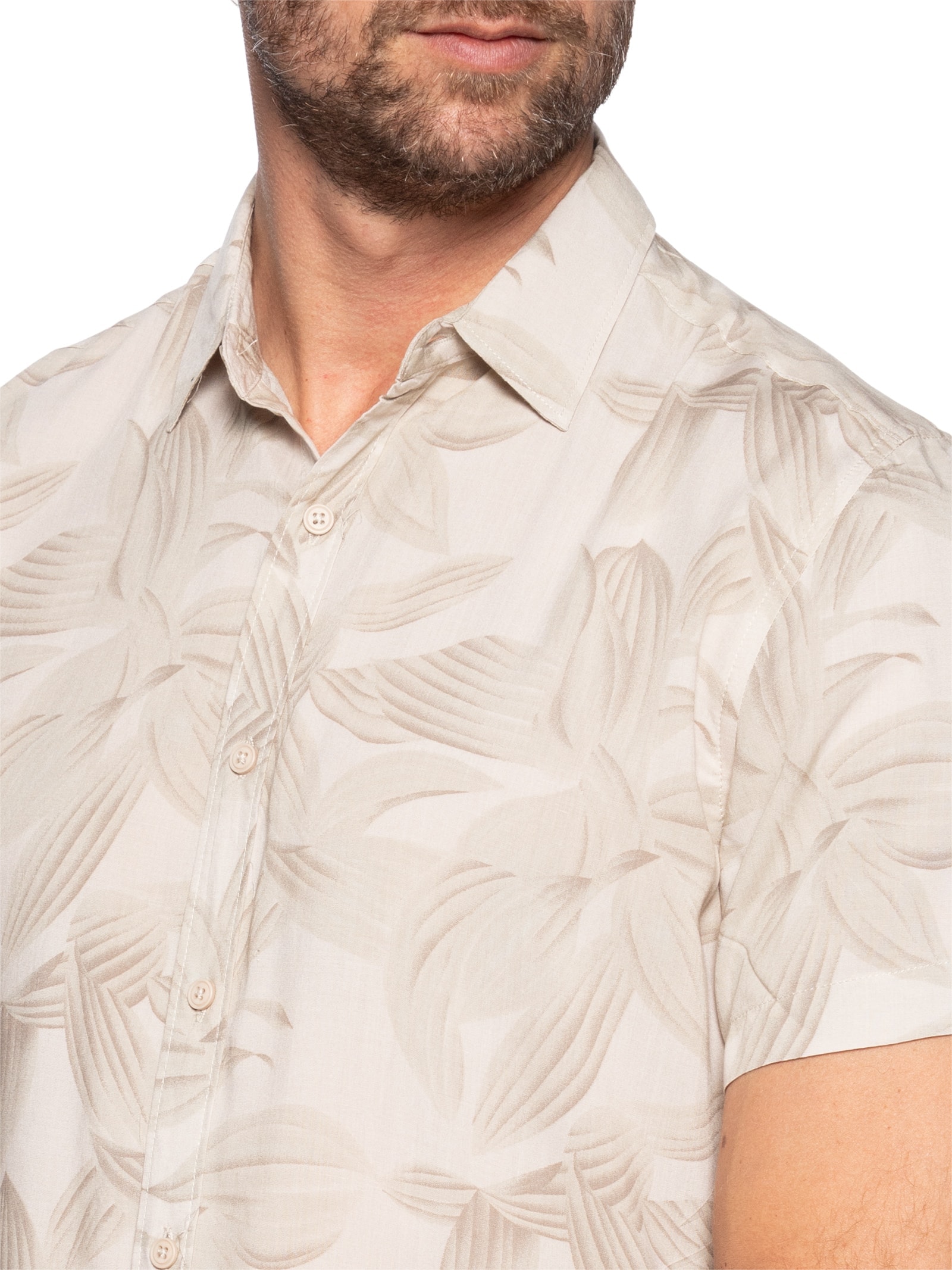 Camisa Masculina Viscose Estampa Folhagem Bege  Basiq Men