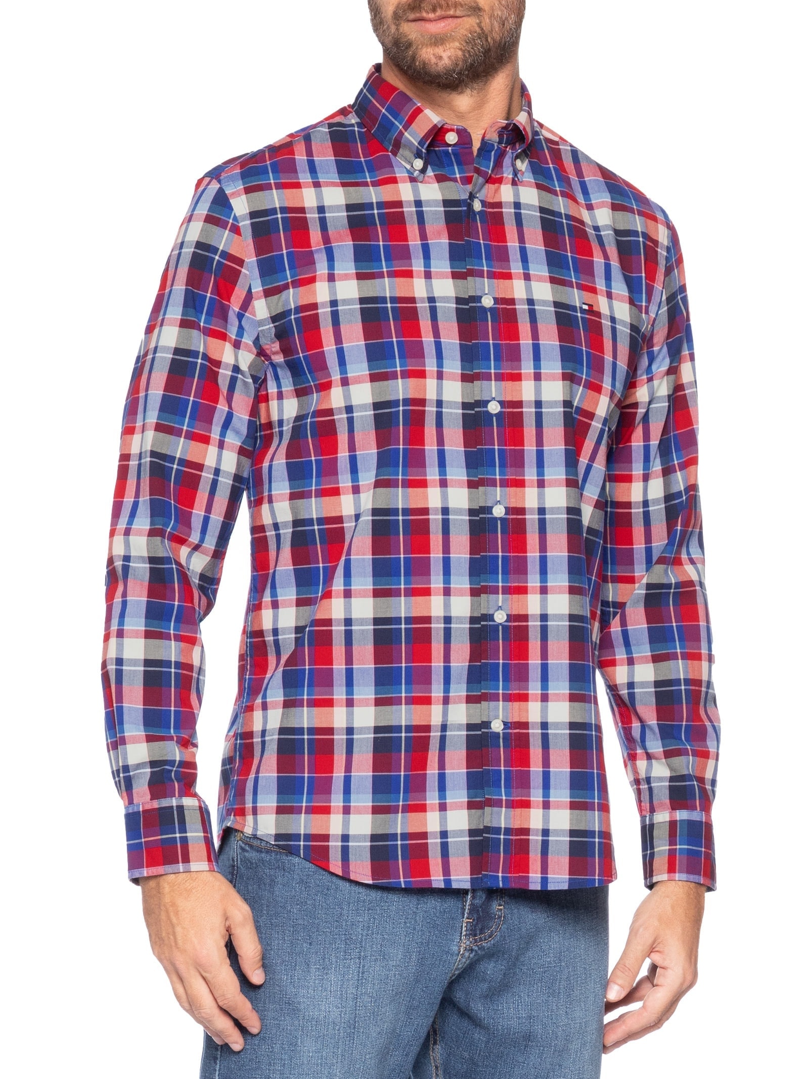 Camisa Masculina Xadrez Regular Fit Em Algodão Vermelho Tommy Hilfiger