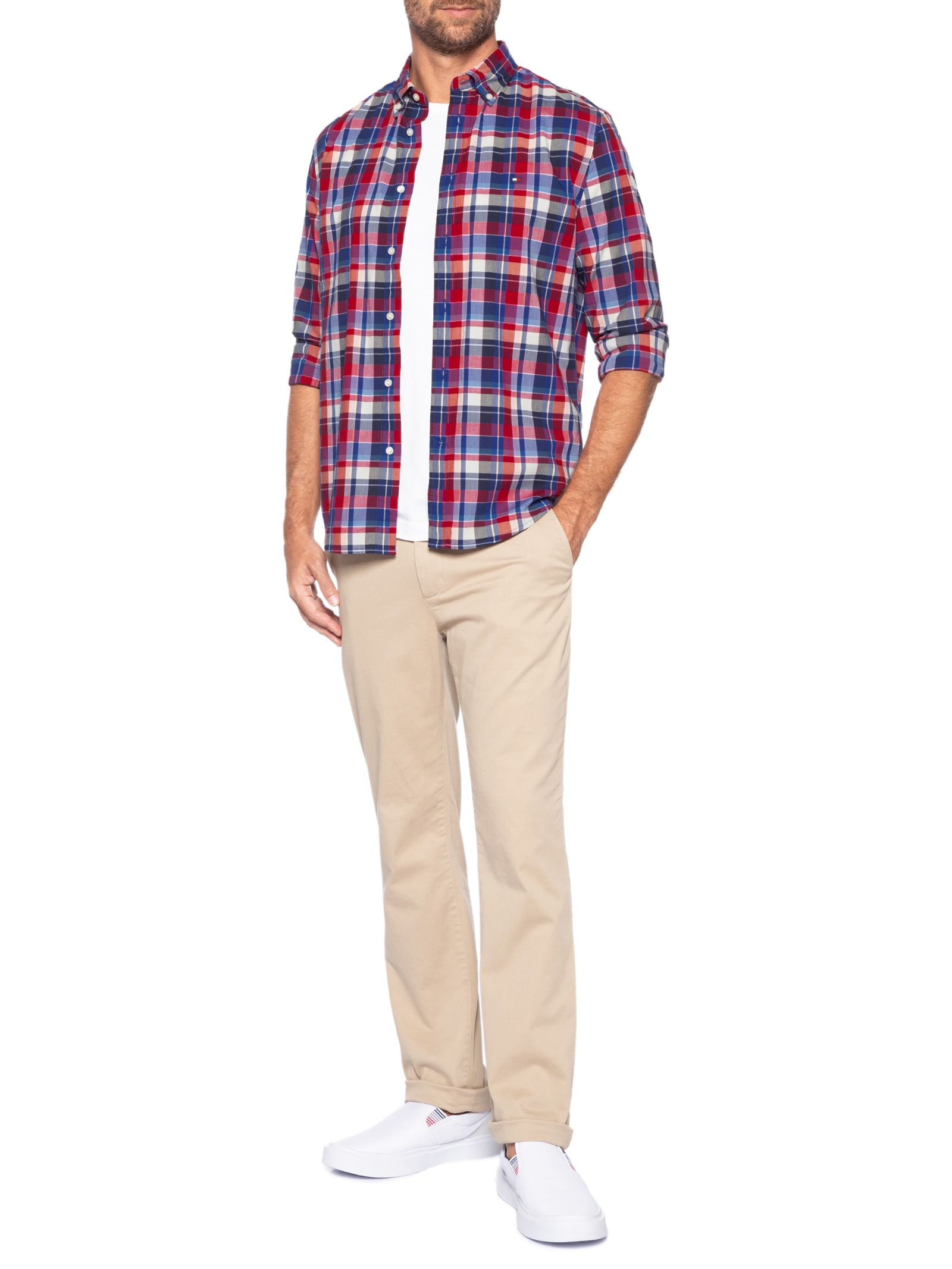 Camisa Masculina Xadrez Regular Fit Em Algodão Vermelho Tommy Hilfiger