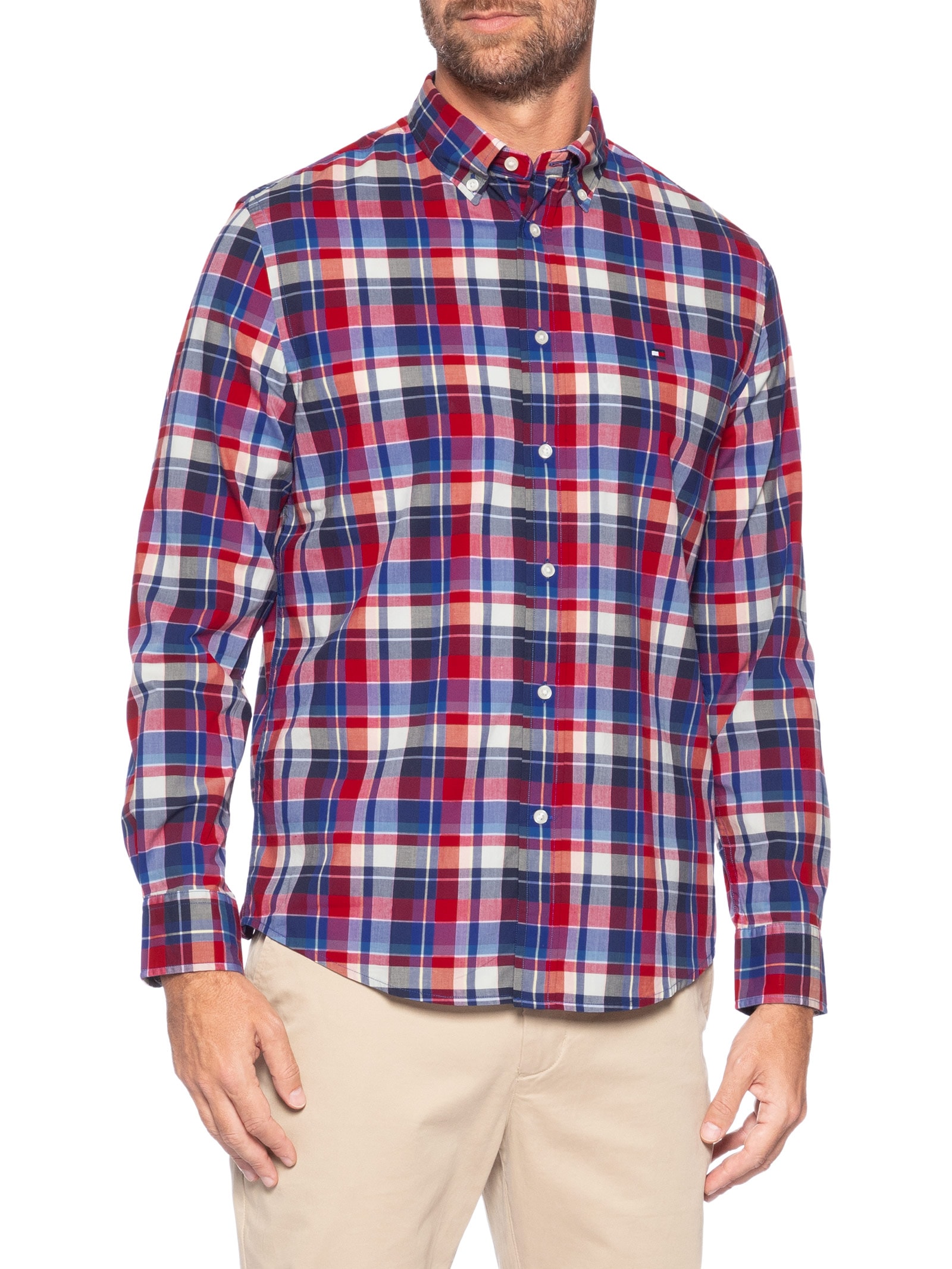 Camisa Masculina Xadrez Regular Fit Em Algodão Vermelho Tommy Hilfiger