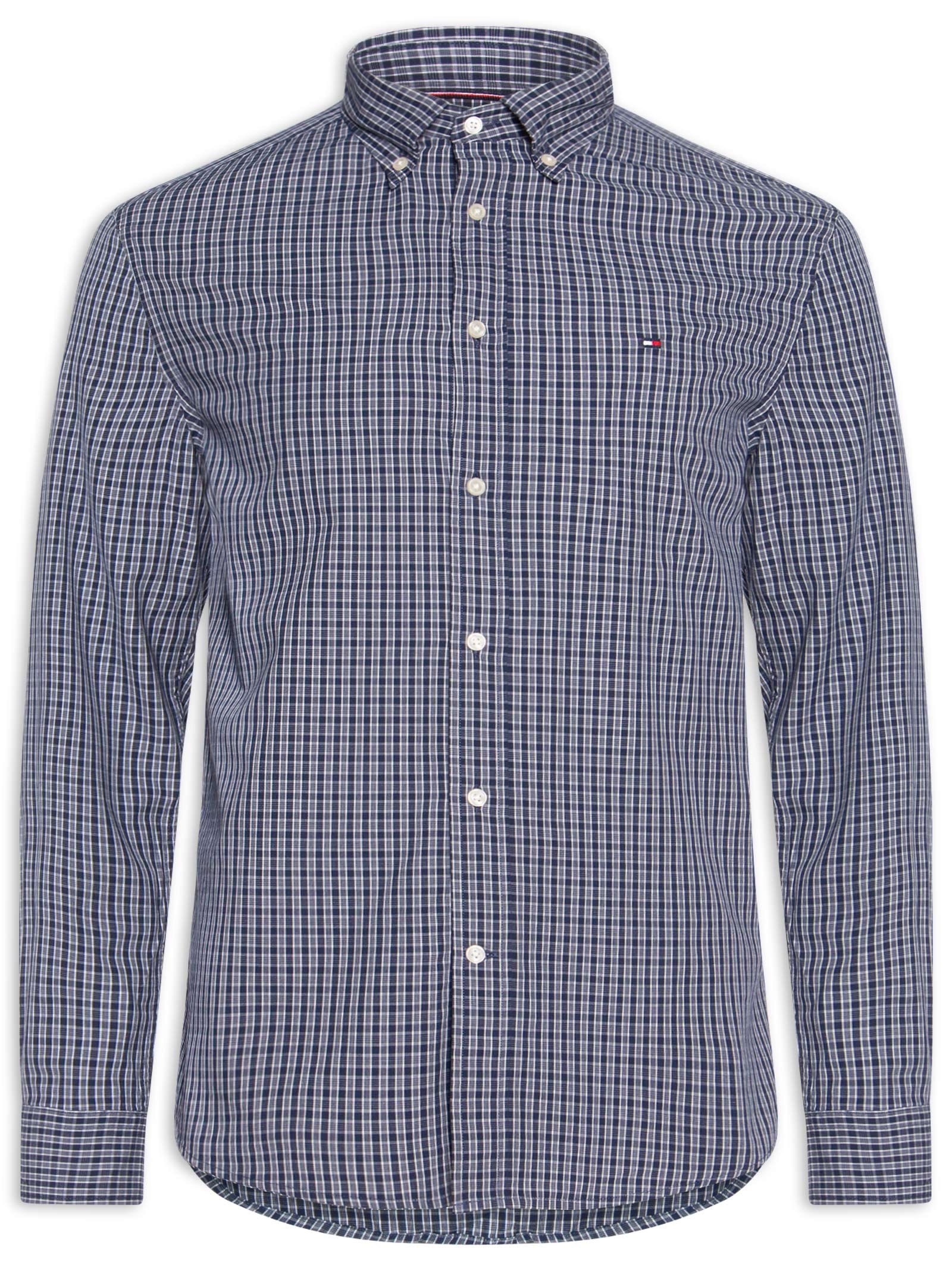 Camisa Masculina Xadrez Regular Fit Em Popeline Mini Tartan Azul Tommy Hilfiger