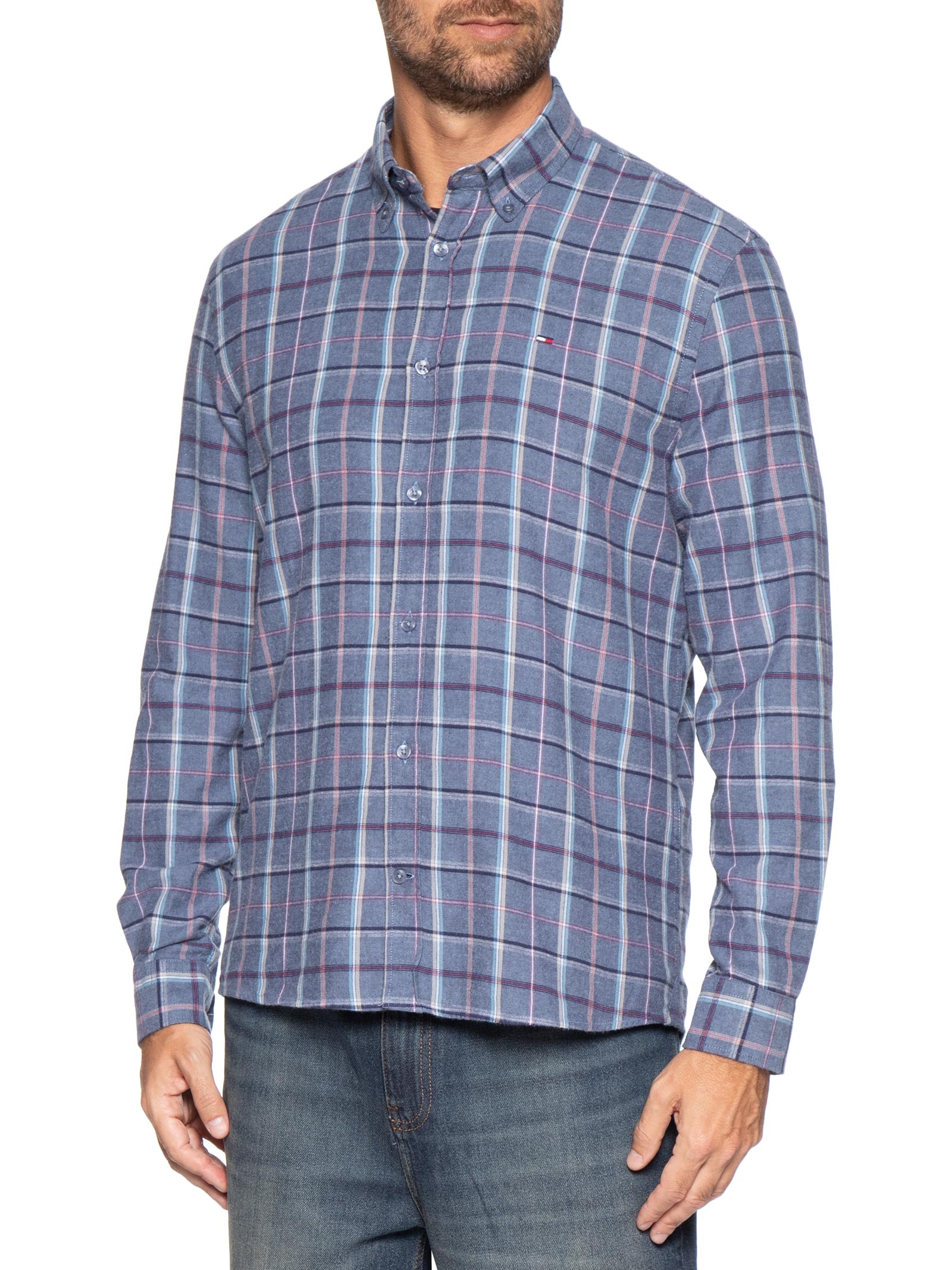 Camisa Masculina Xadrez Regular Fit Flanelado Azul Tommy Jeans