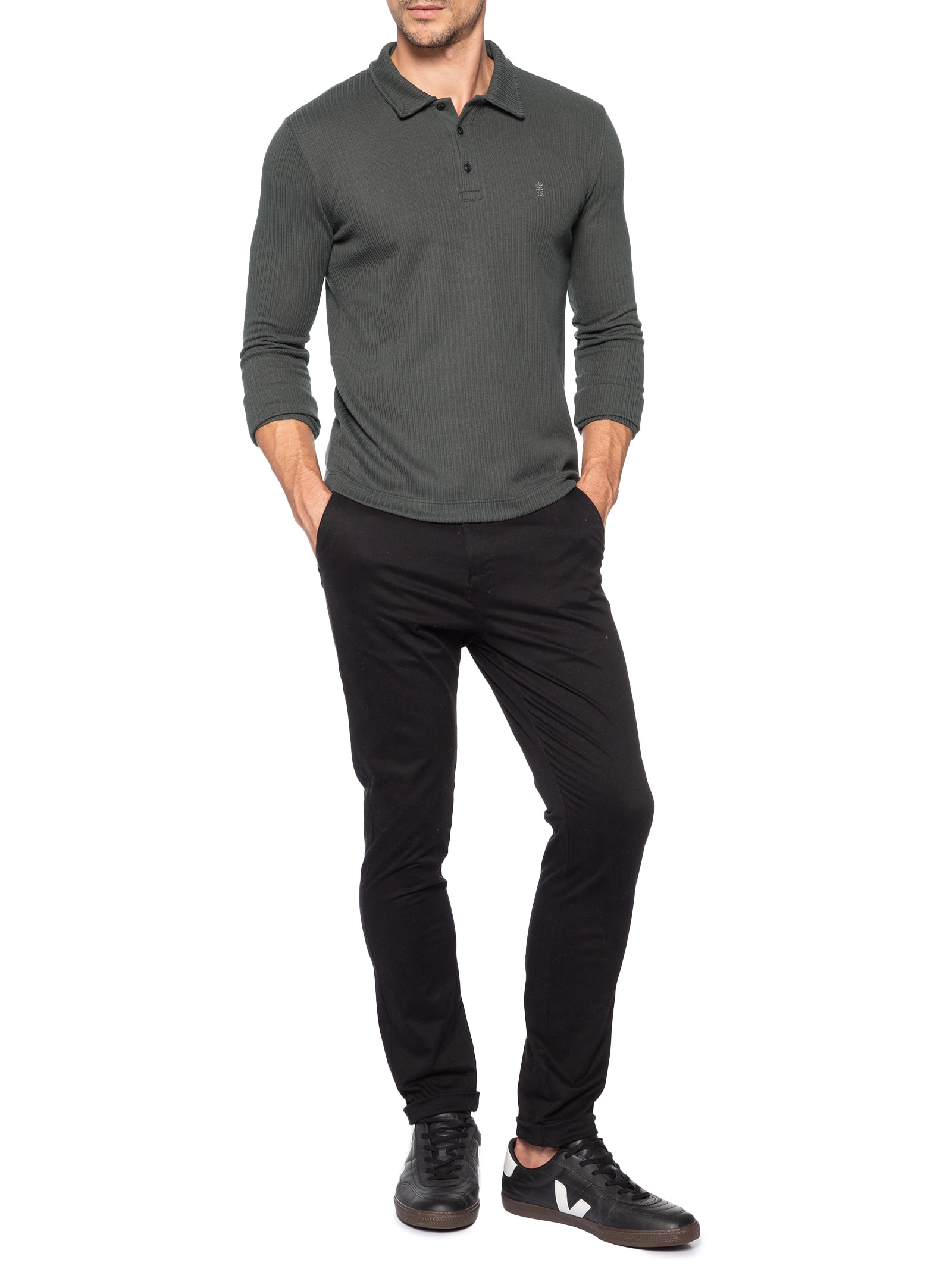 Camisa Polo Masculina Malha Tricot Canelado Cinza Sergio K