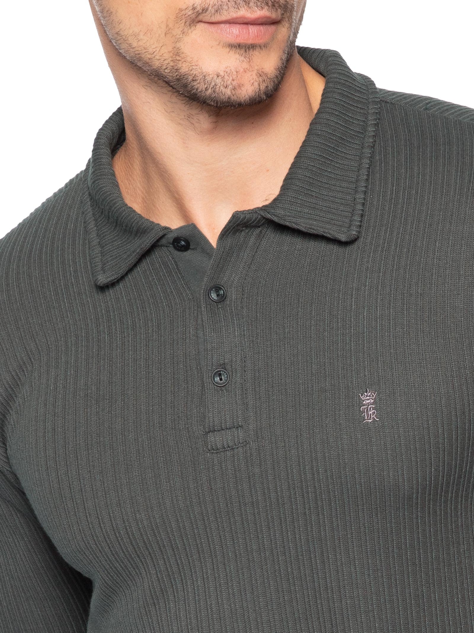 Camisa Polo Masculina Malha Tricot Canelado Cinza Sergio K