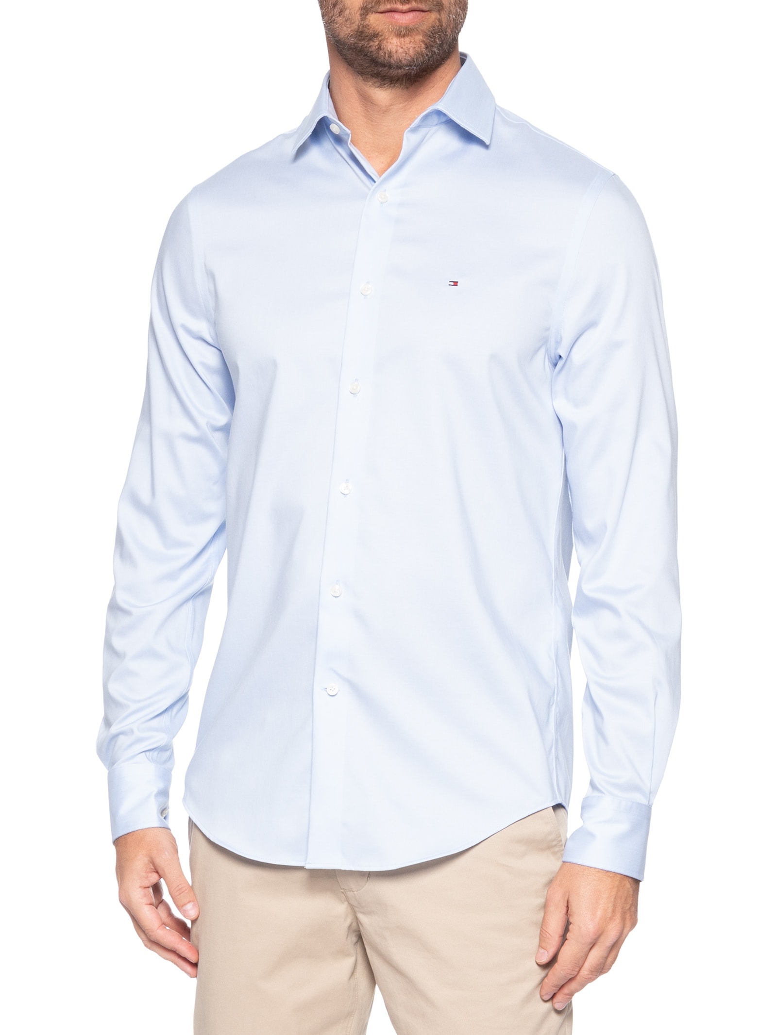 Camisa Social Masculina Regular Fit Logo No Peito Stretch Azul Tommy Hilfiger