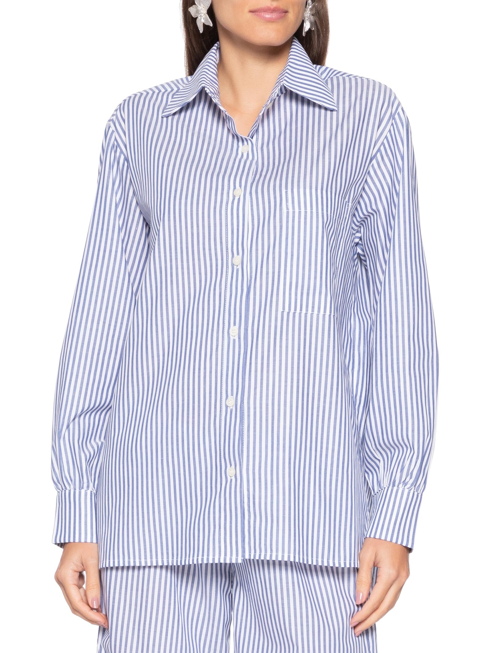 Camisa Tricoline Listras Feminina Azul Panô