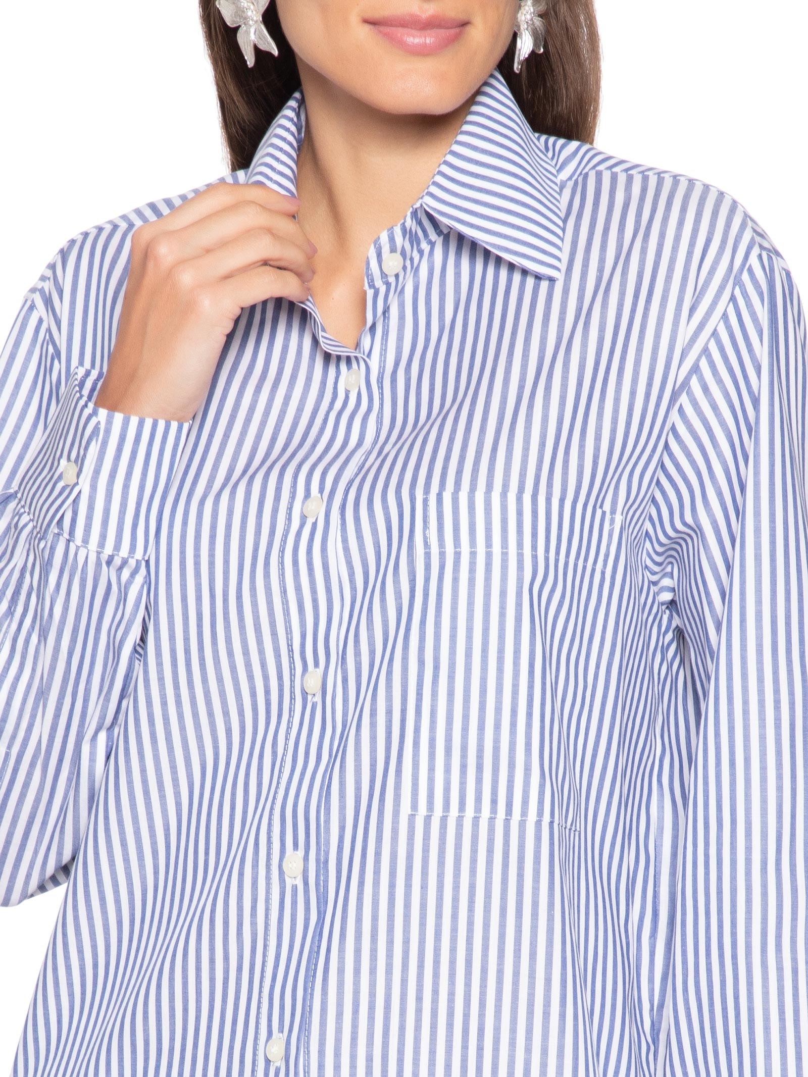 Camisa Tricoline Listras Feminina Azul Panô