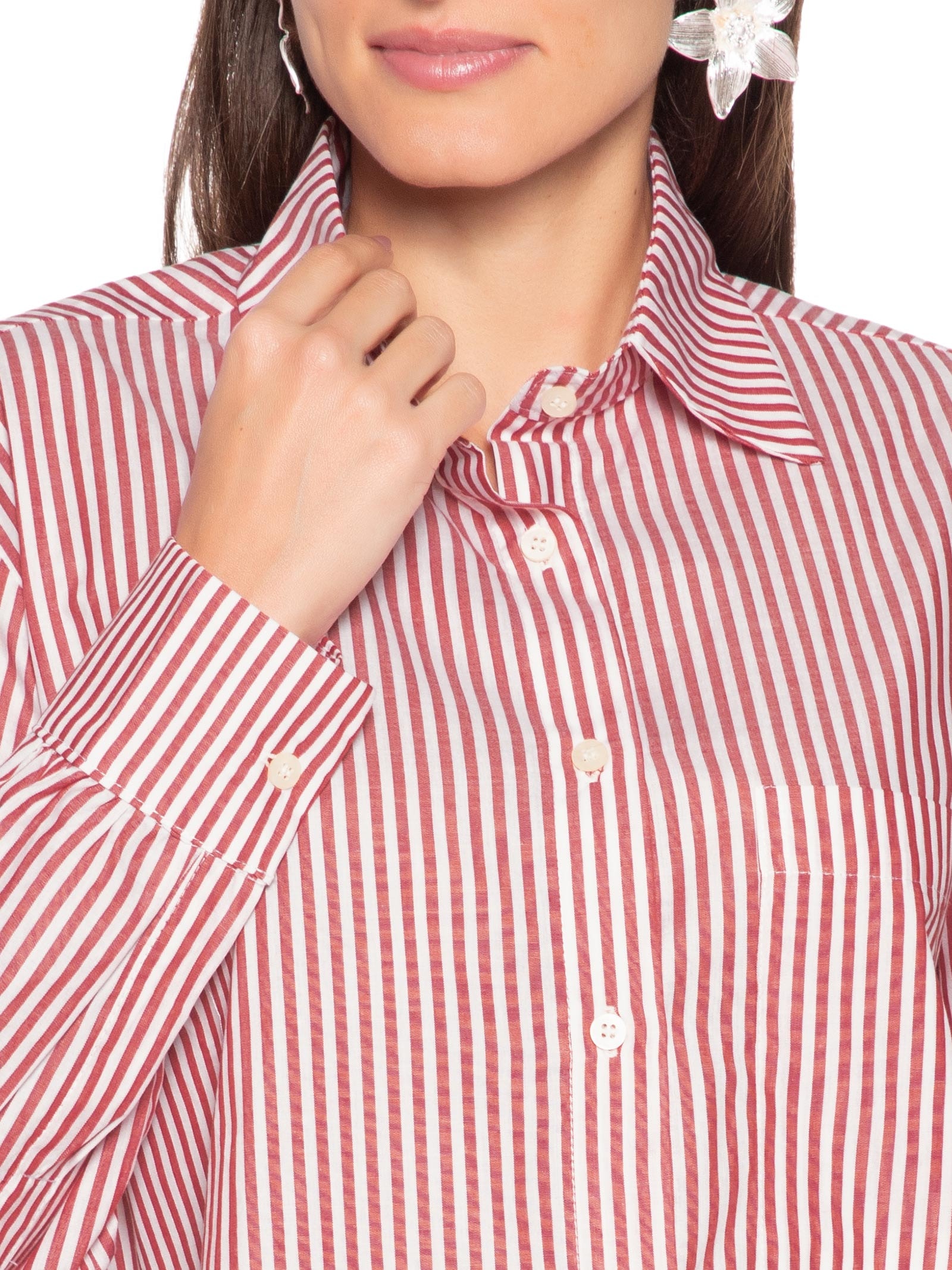 Camisa Tricoline Listras Feminina – Vermelho Panô