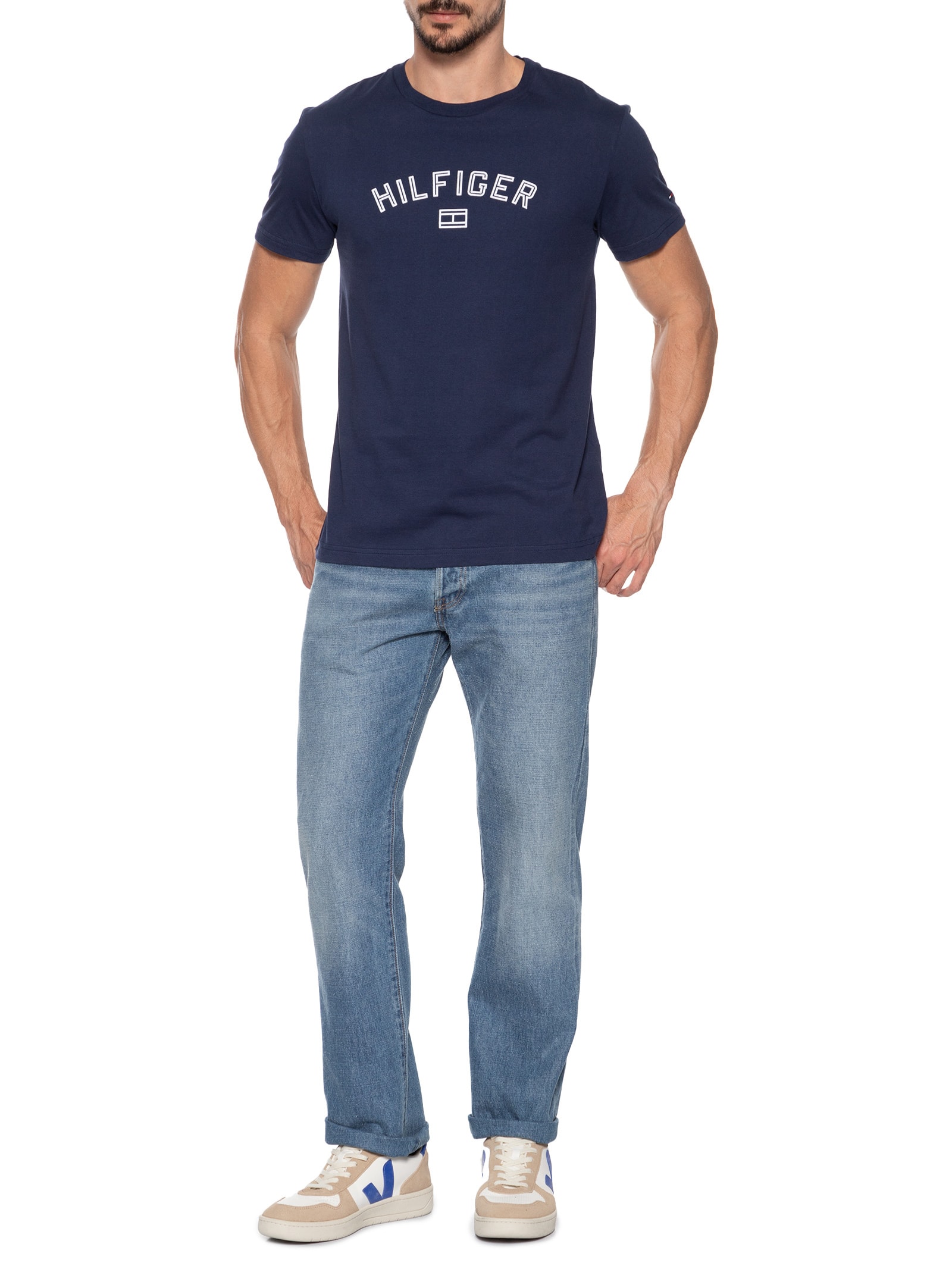 Camiseta Básica Masculina Regular Fit Flock Logo Em Algodão Azul  Tommy Hilfiger