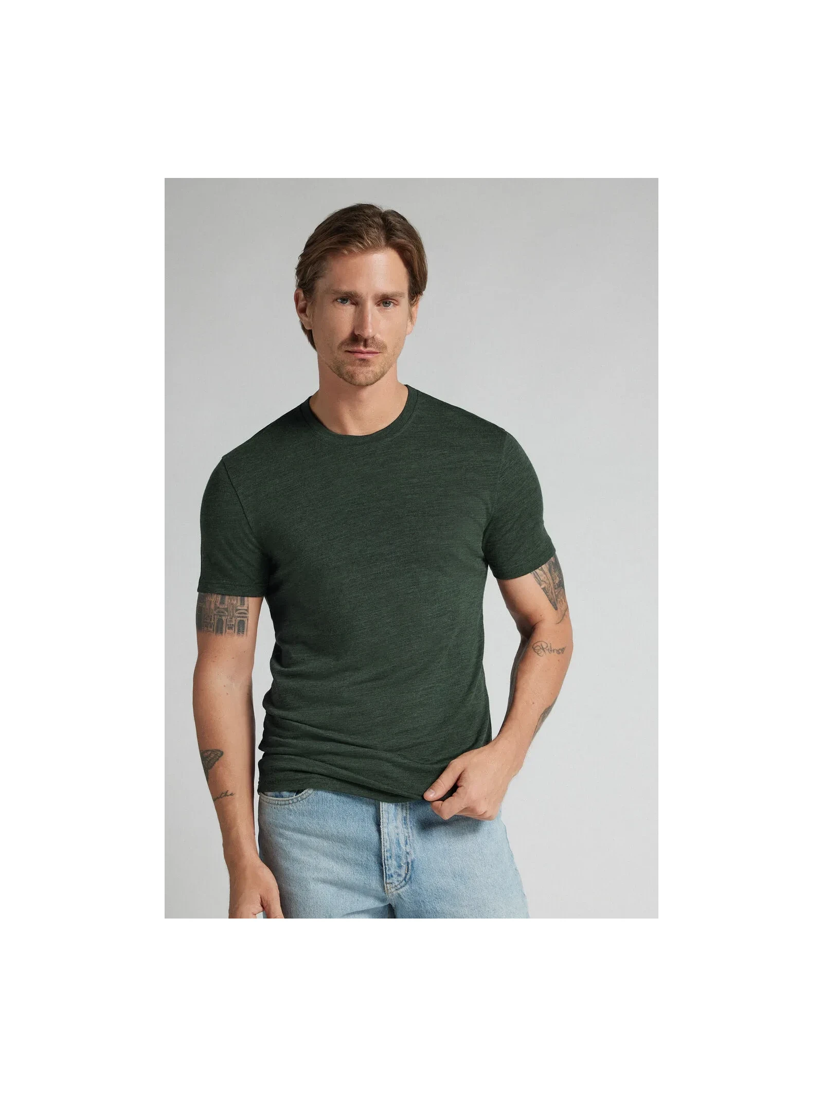 Camiseta De Manga Curta Em Lã Merino Elástica Verde Intimissimi