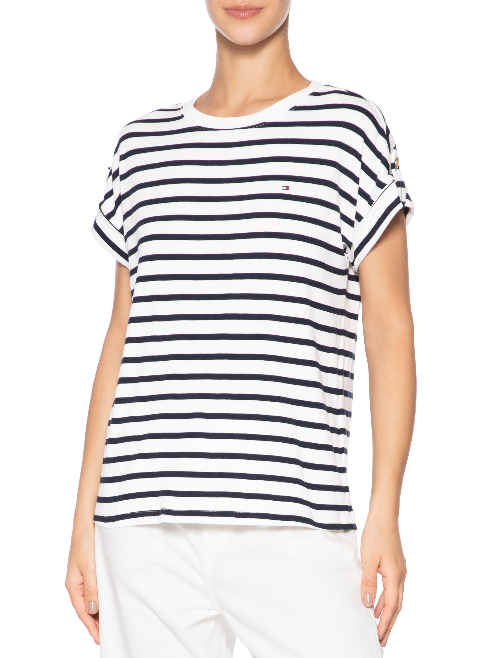 Camiseta Feminina 1x1 Rib S/S Roll Tab Azul Tommy Hilfiger