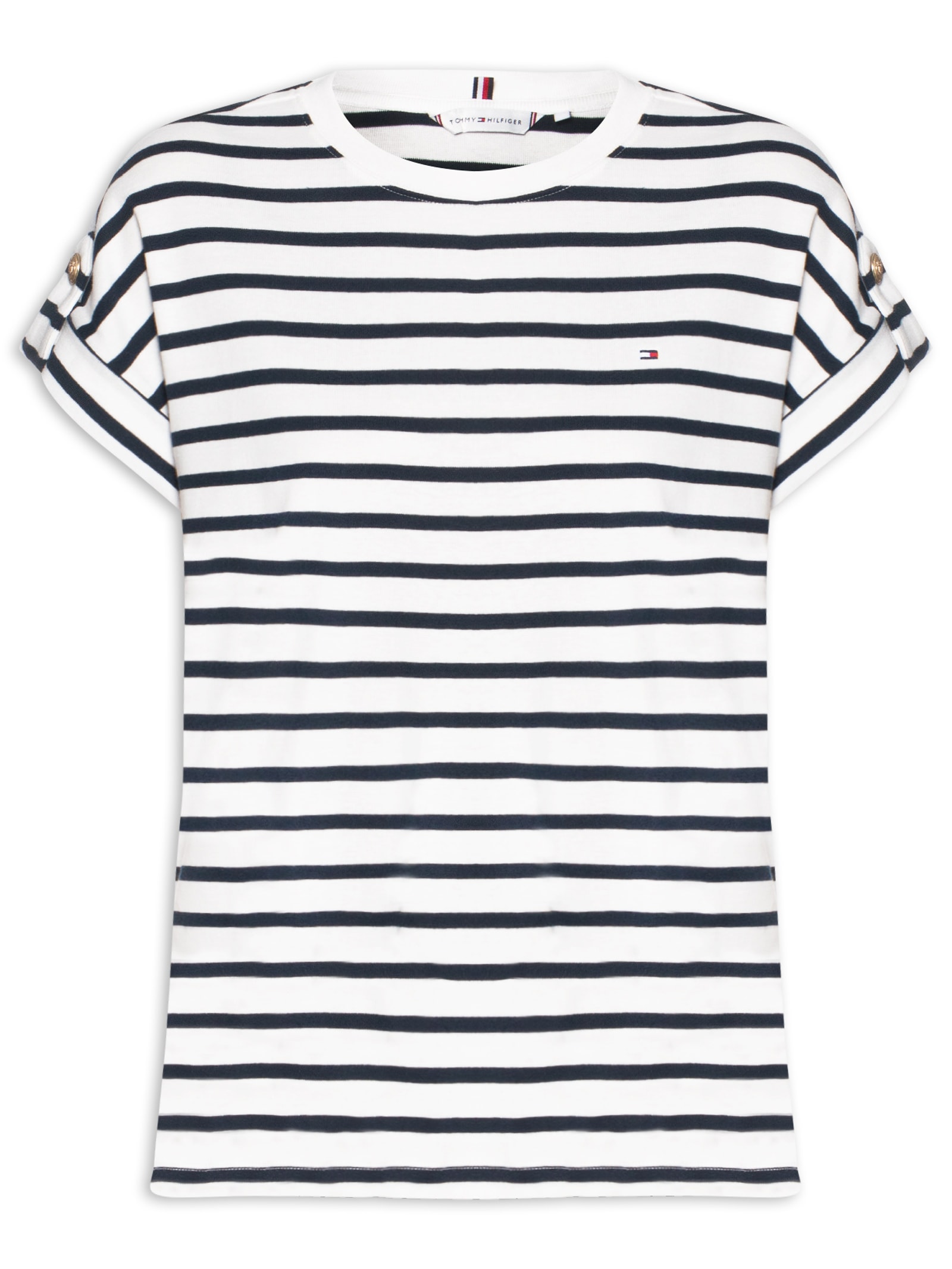Camiseta Feminina 1x1 Rib S/S Roll Tab Azul Tommy Hilfiger