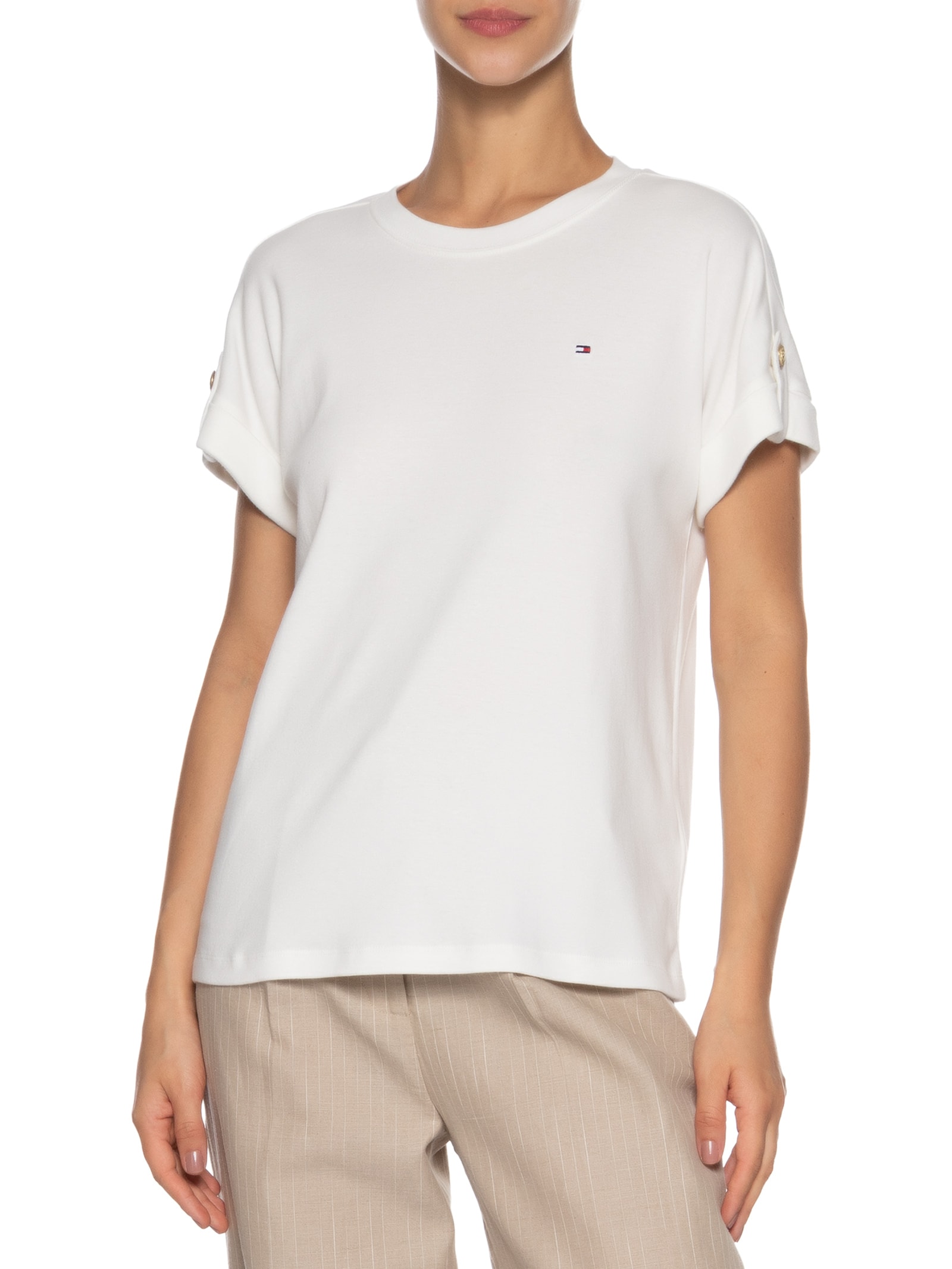 Camiseta Feminina 1x1 Roll Tag Branco Tommy Hilfiger