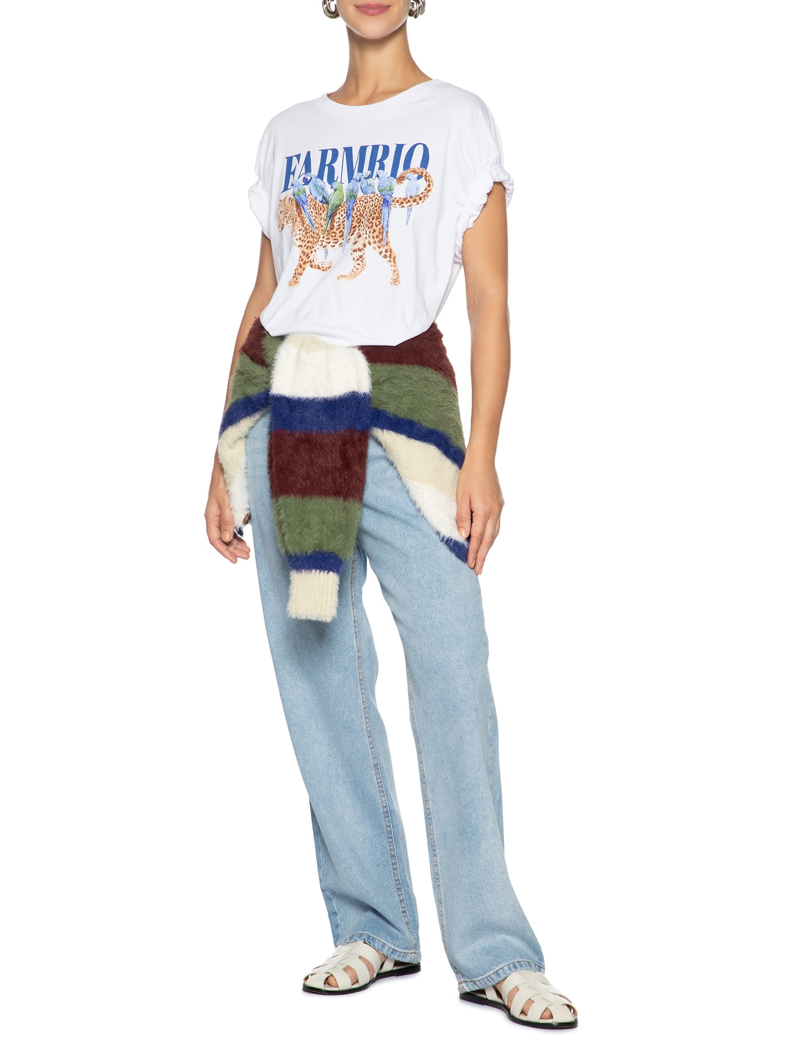 Camiseta Feminina Ampla Onça Pássaros Branco Farm