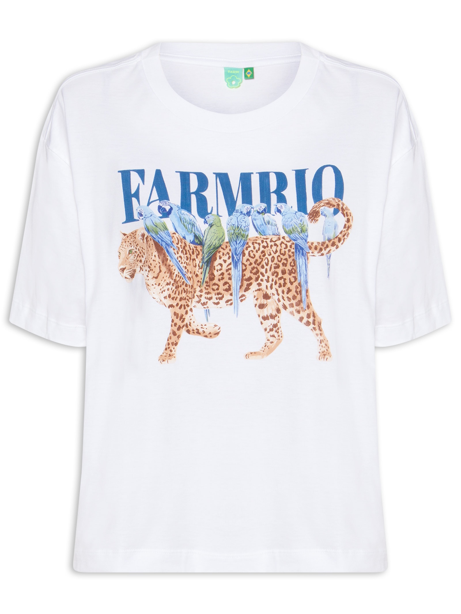 Camiseta Feminina Ampla Onça Pássaros Branco Farm