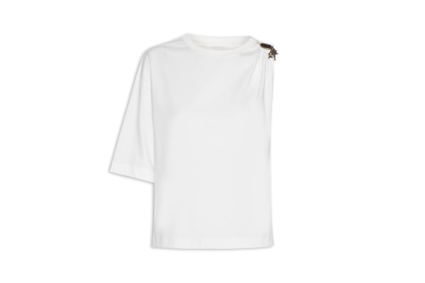 Camiseta Feminina Assimétrica Com Metal - Off White