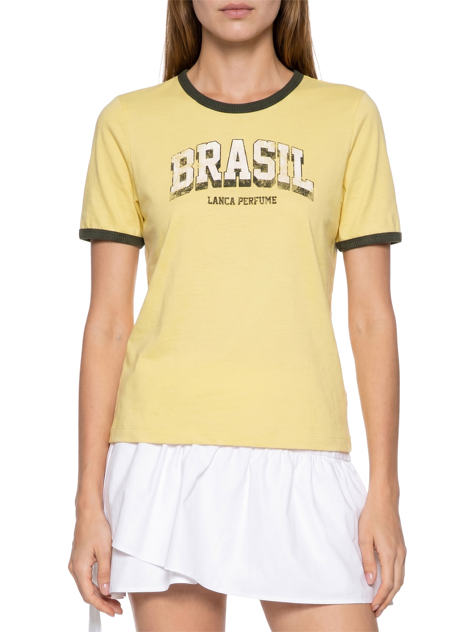 Camiseta Feminina Baby Look Bicolor Amarelo Lança Perfume