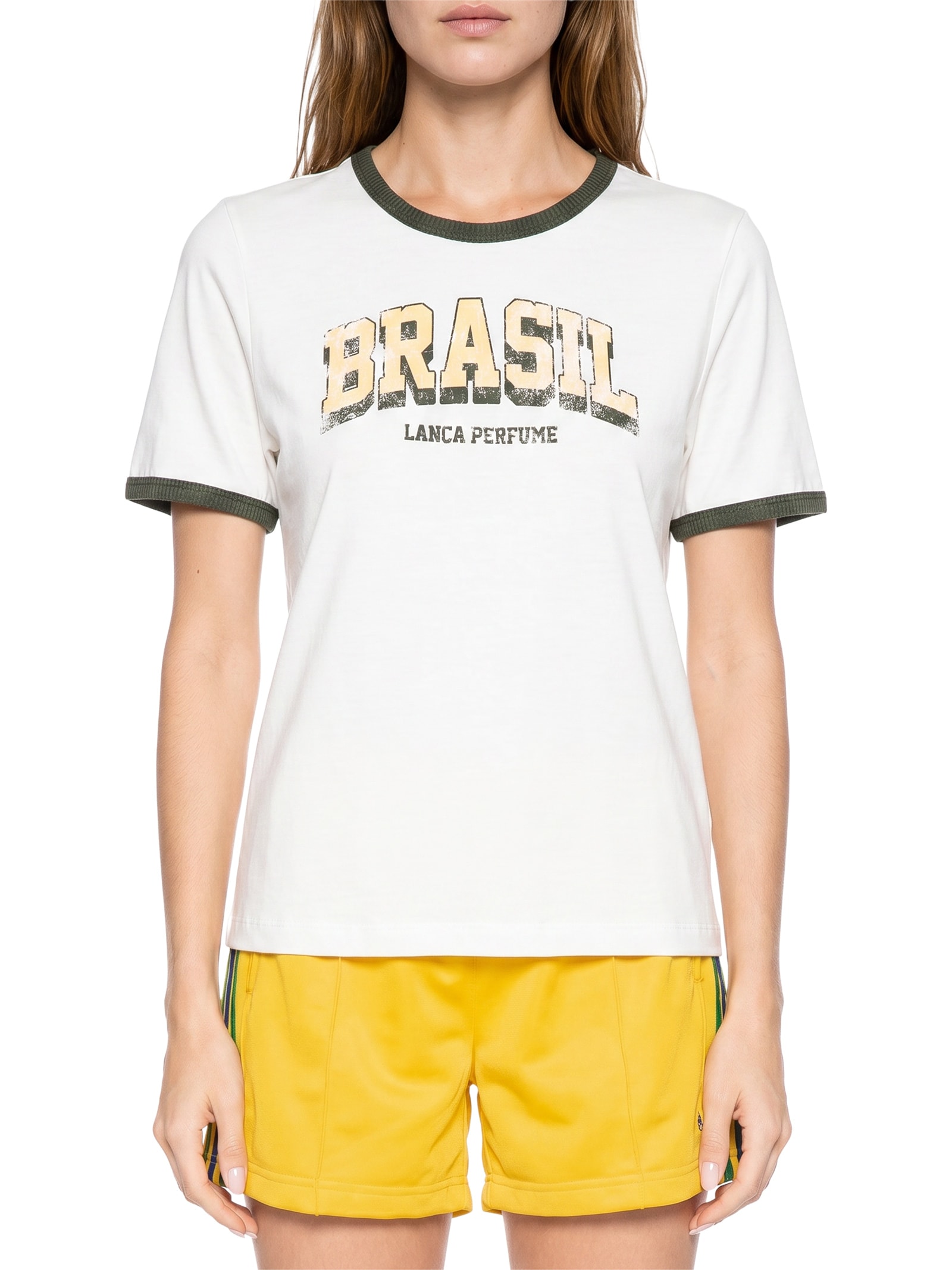 Camiseta Feminina Baby Look Bicolor Off White Lança Perfume
