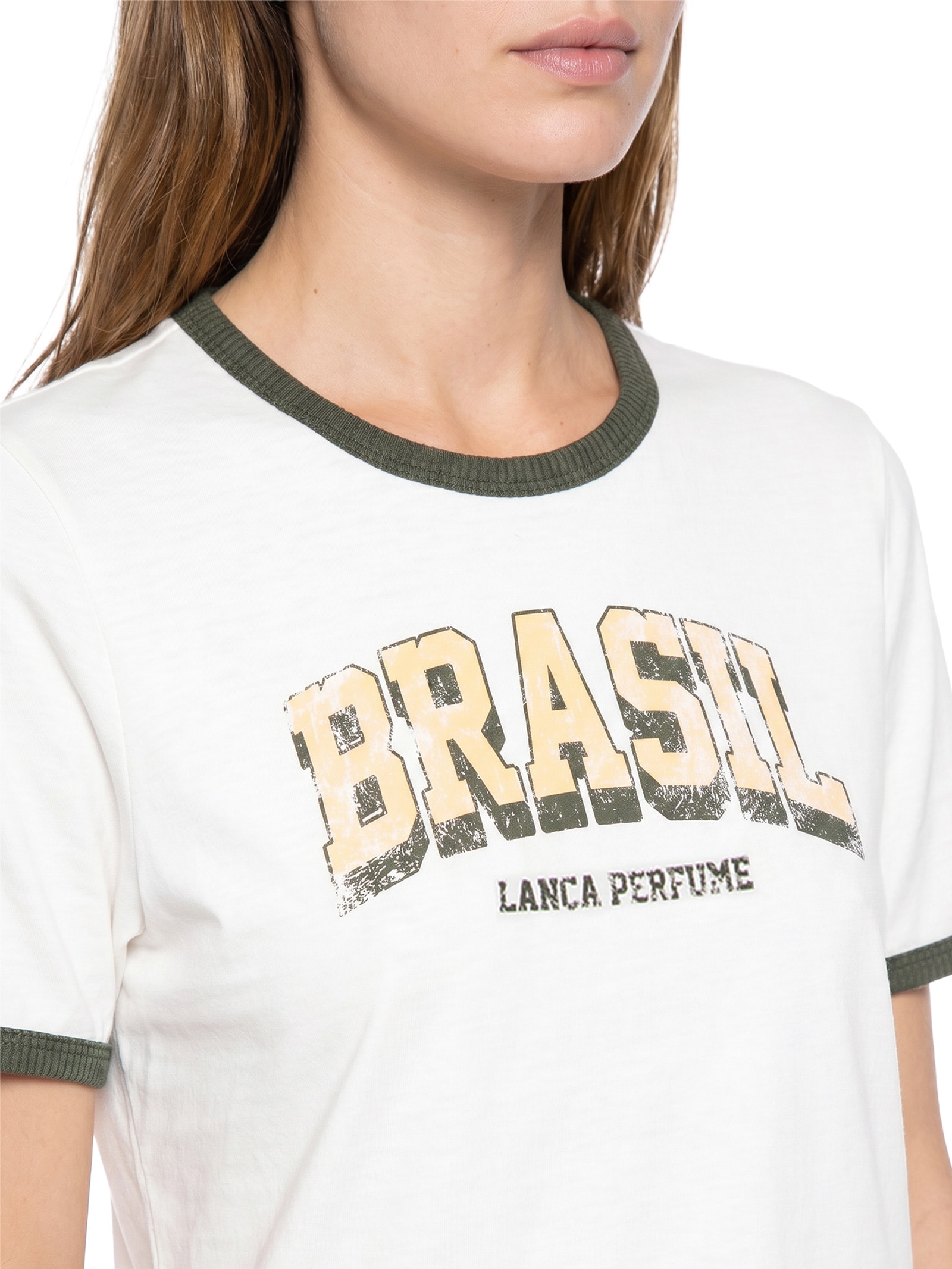 Camiseta Feminina Baby Look Bicolor Off White Lança Perfume