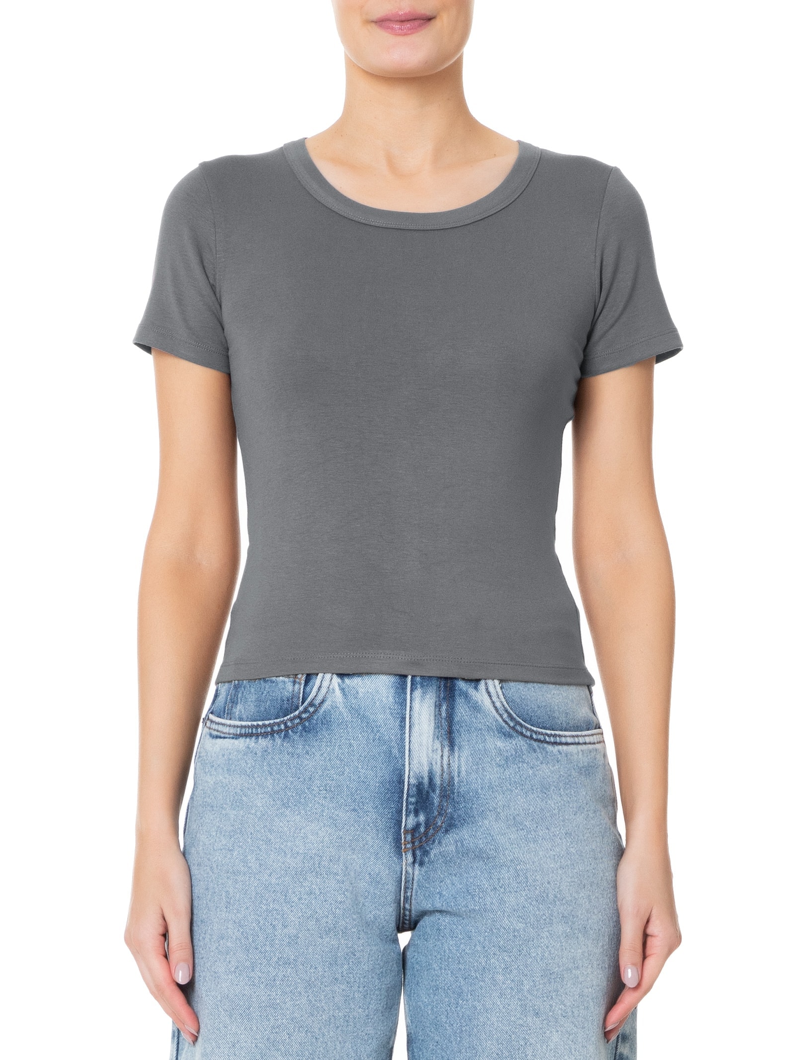 Camiseta Feminina Baby Look Canelada Cinza Basiq