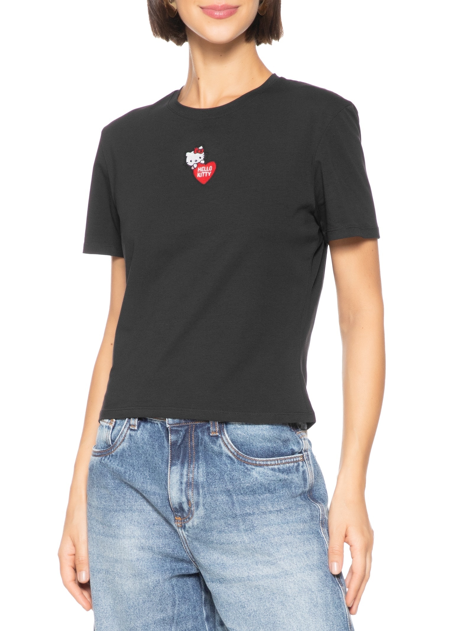 Camiseta Feminina Baby Look com Bordado Preto My Favorite Things + Hello Kitty