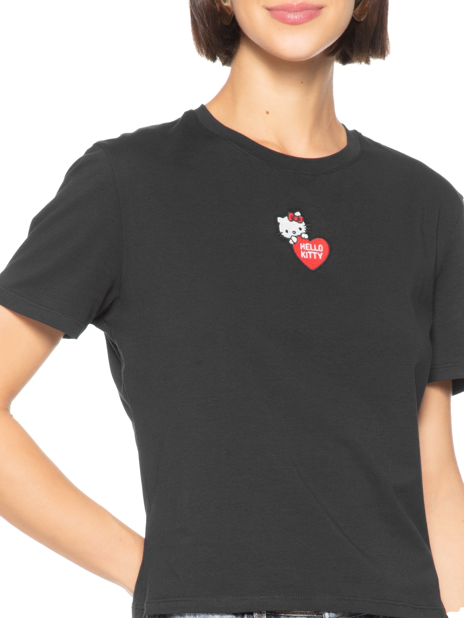 Camiseta Feminina Baby Look com Bordado Preto My Favorite Things + Hello Kitty