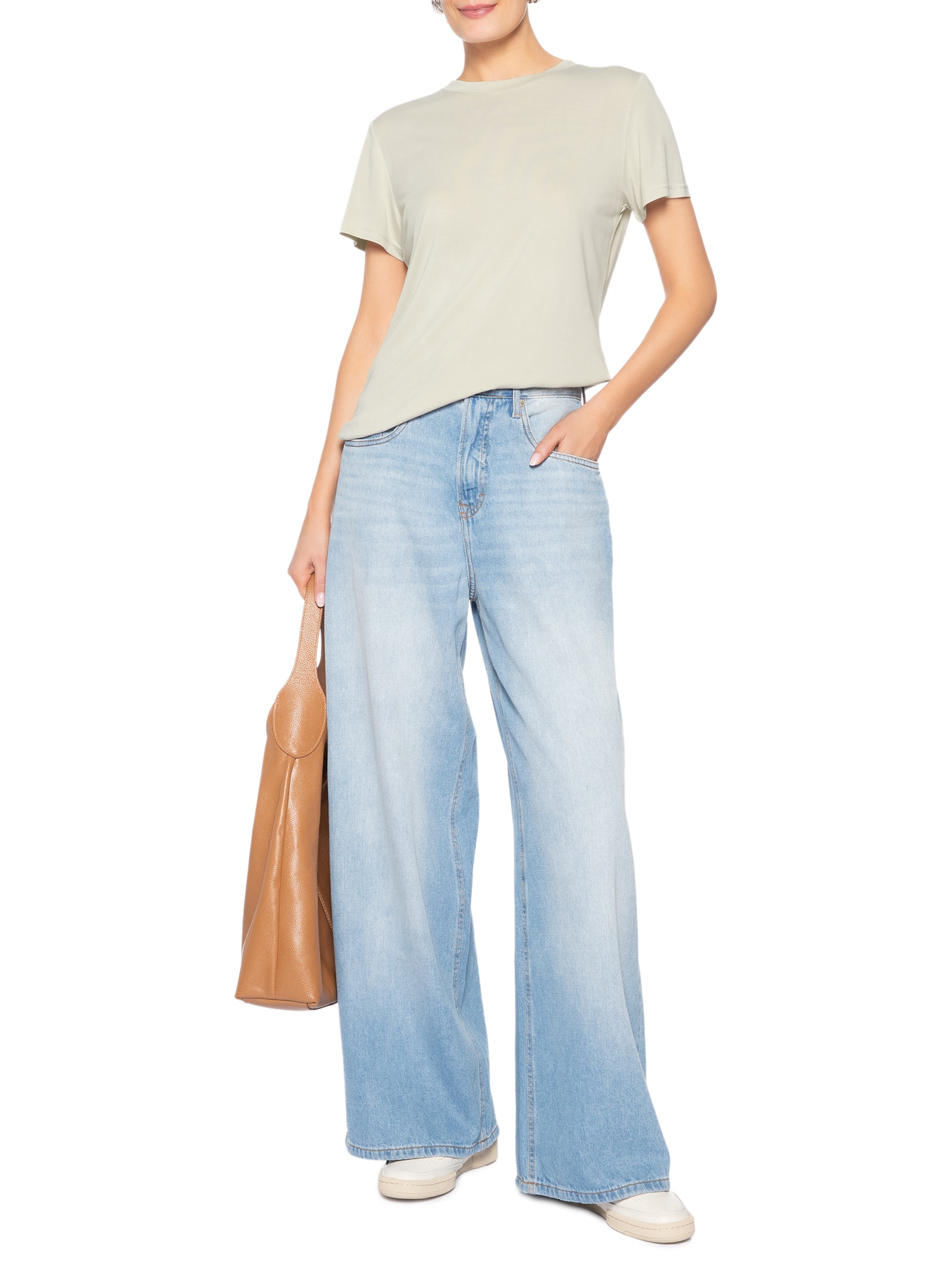 Camiseta Feminina Básica Alongada Bege Basiq