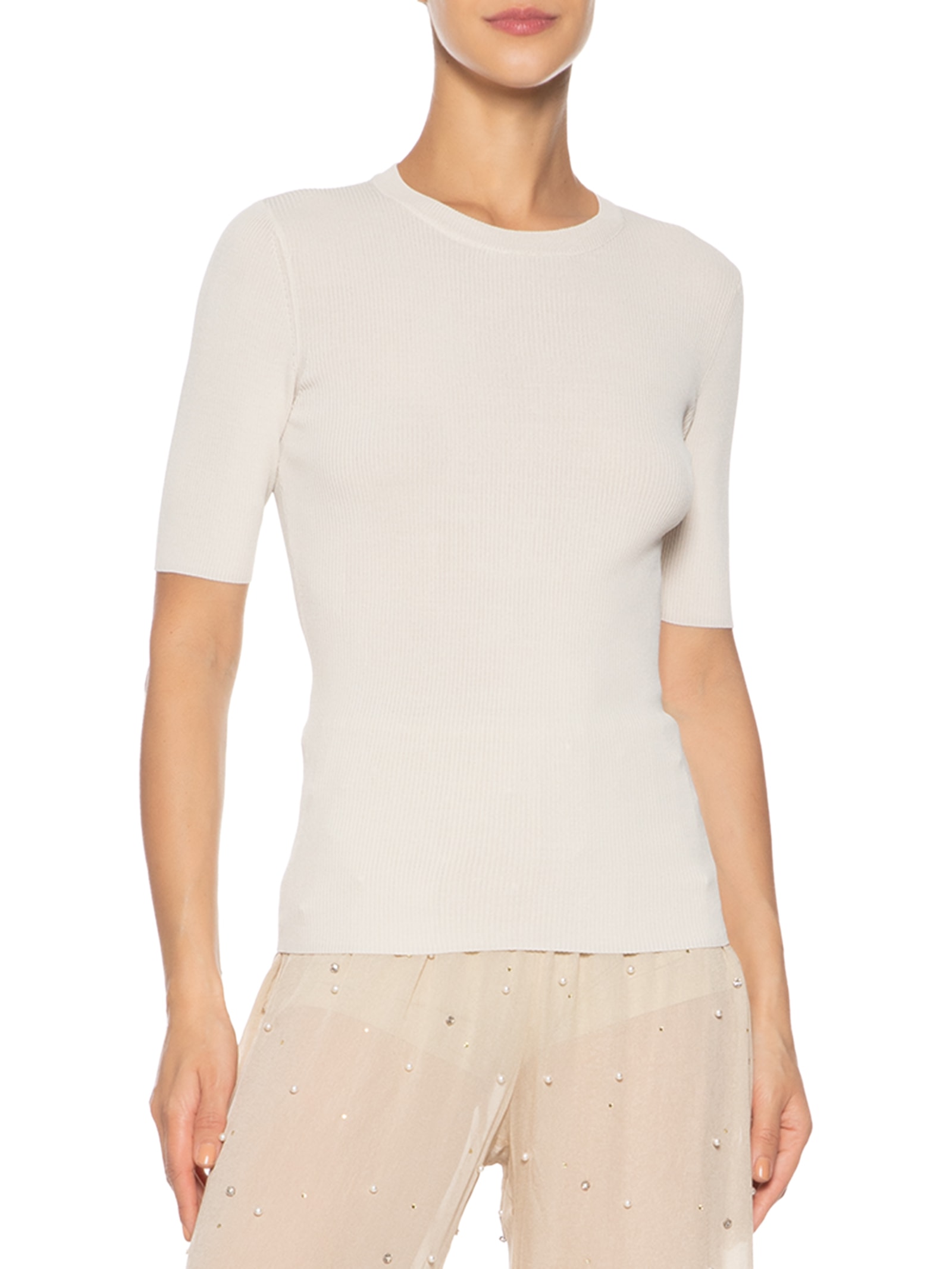 Camiseta Feminina Básica Canelada Tricot Color Bege Animale
