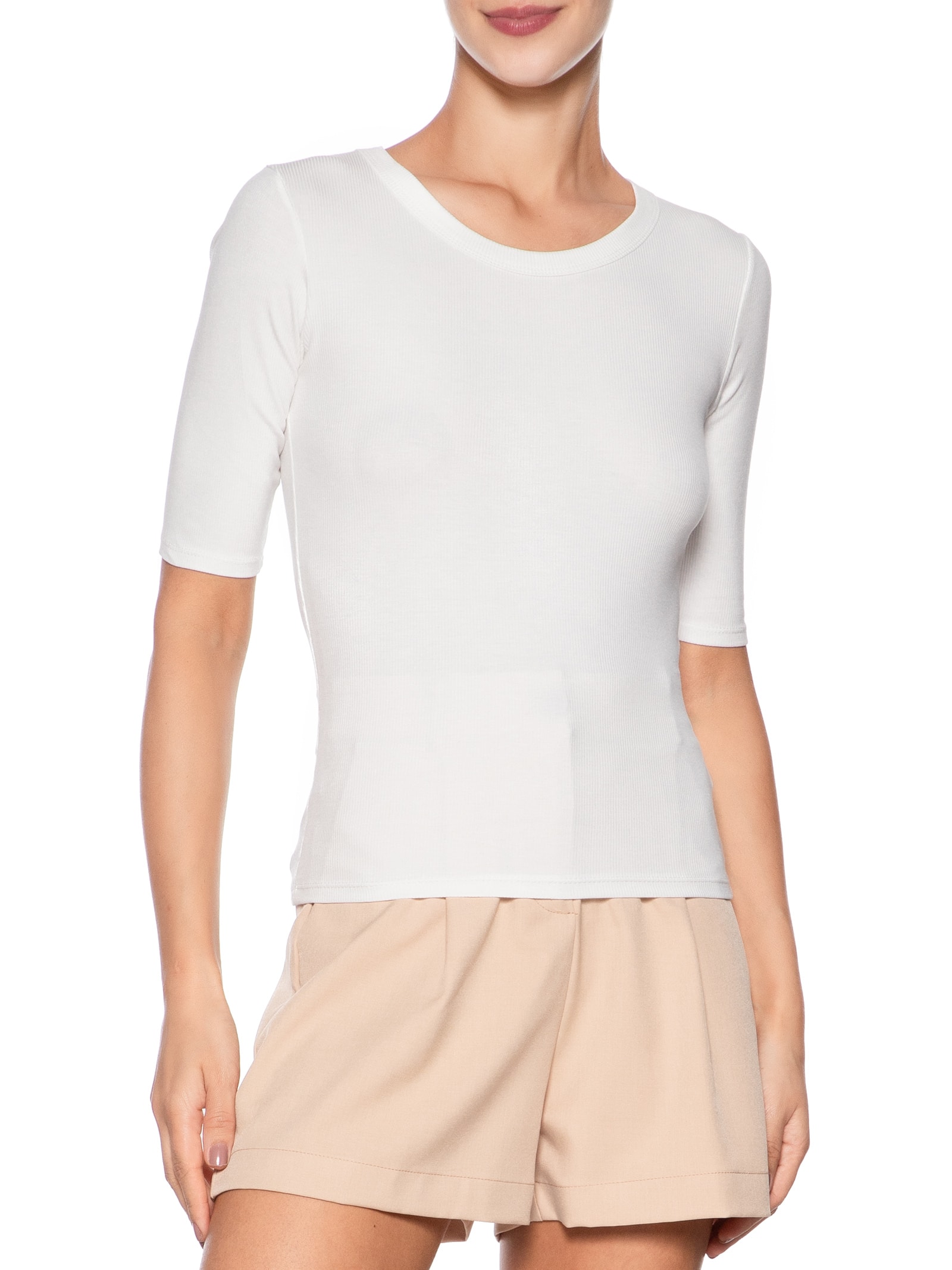 Camiseta Feminina Básica Com Manga Justa Branco Basiq