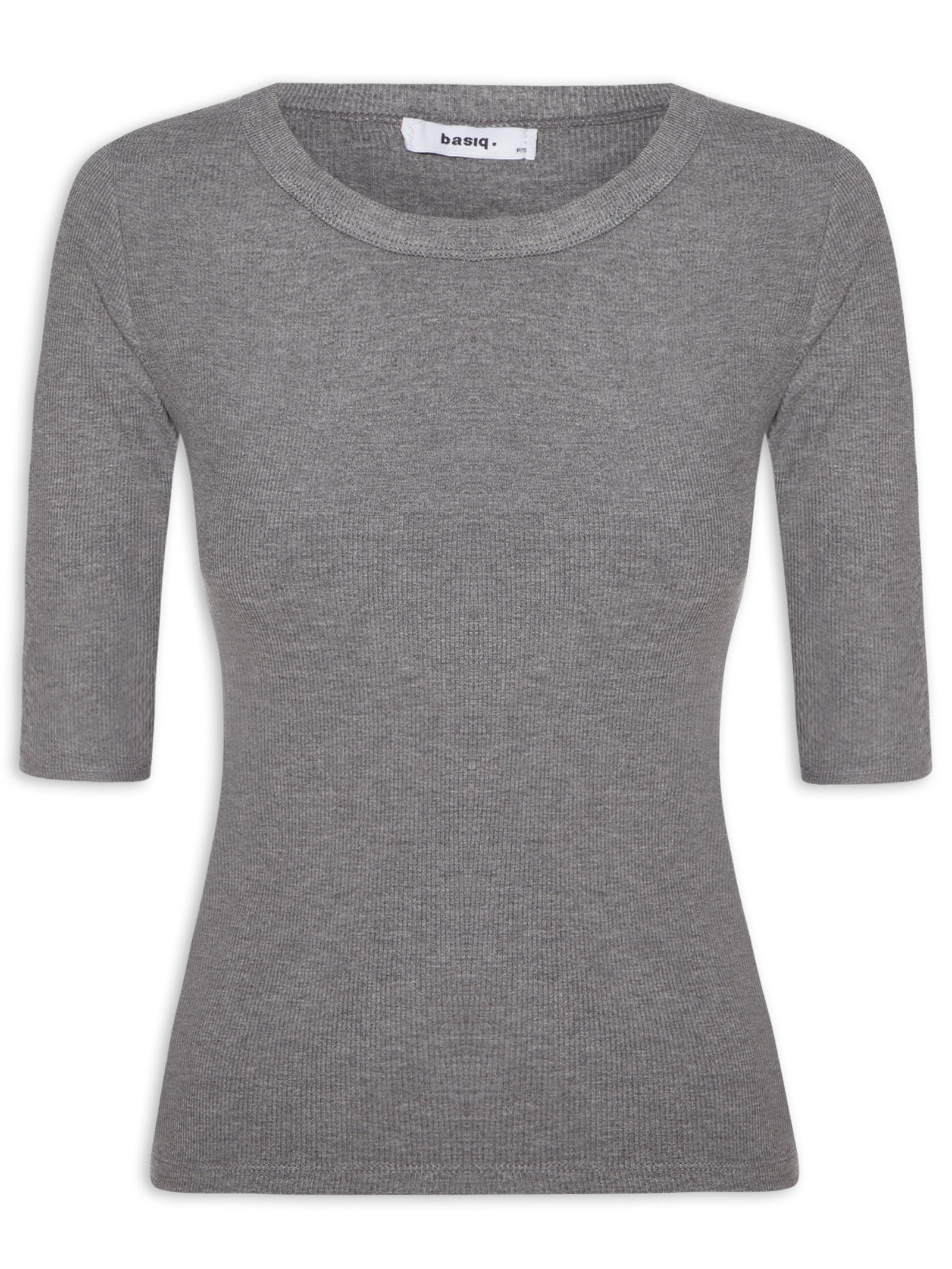 Camiseta Feminina Básica Com Manga Justa Cinza Basiq