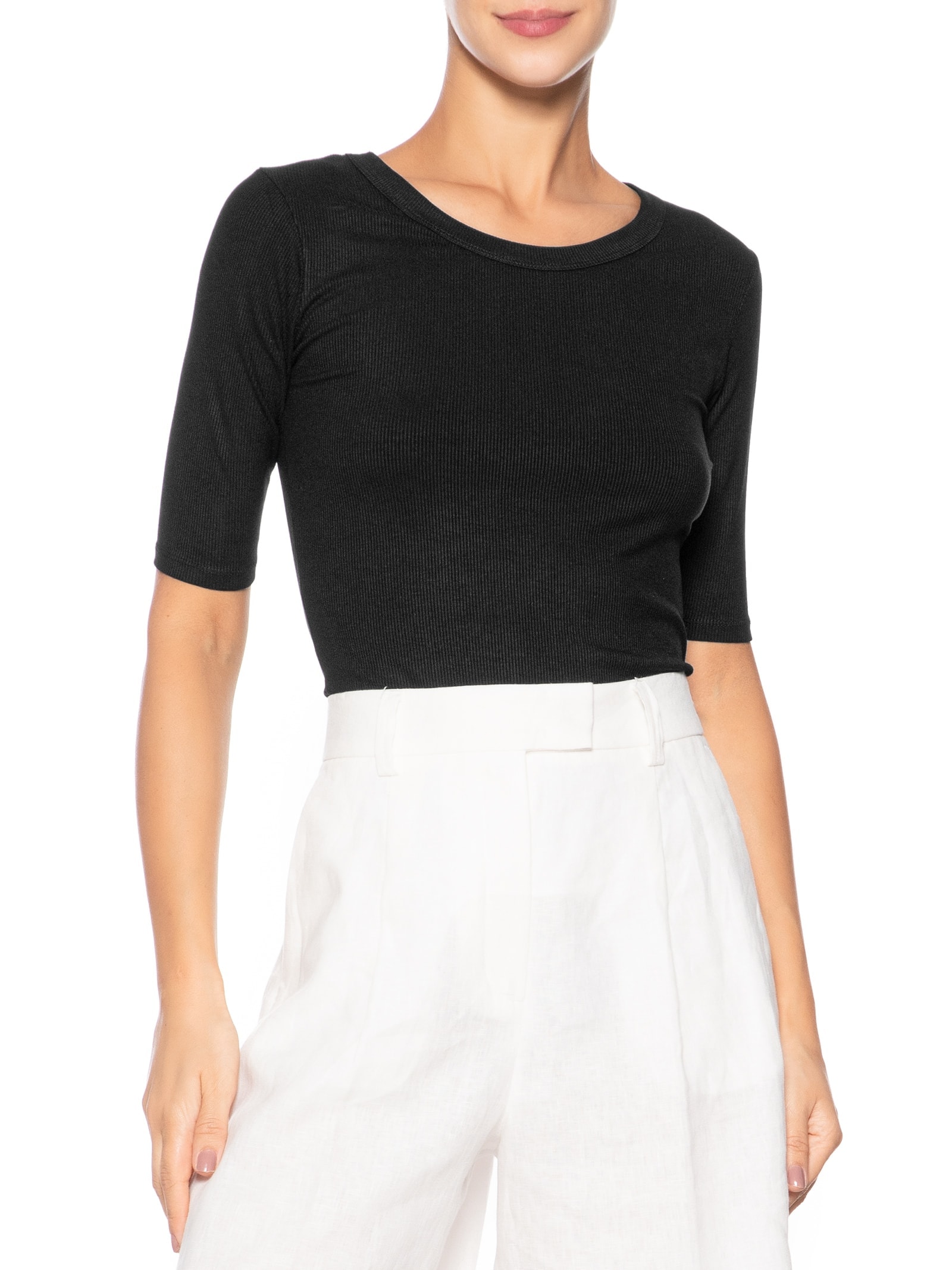 Camiseta Feminina Básica Com Manga Justa Preto Basiq