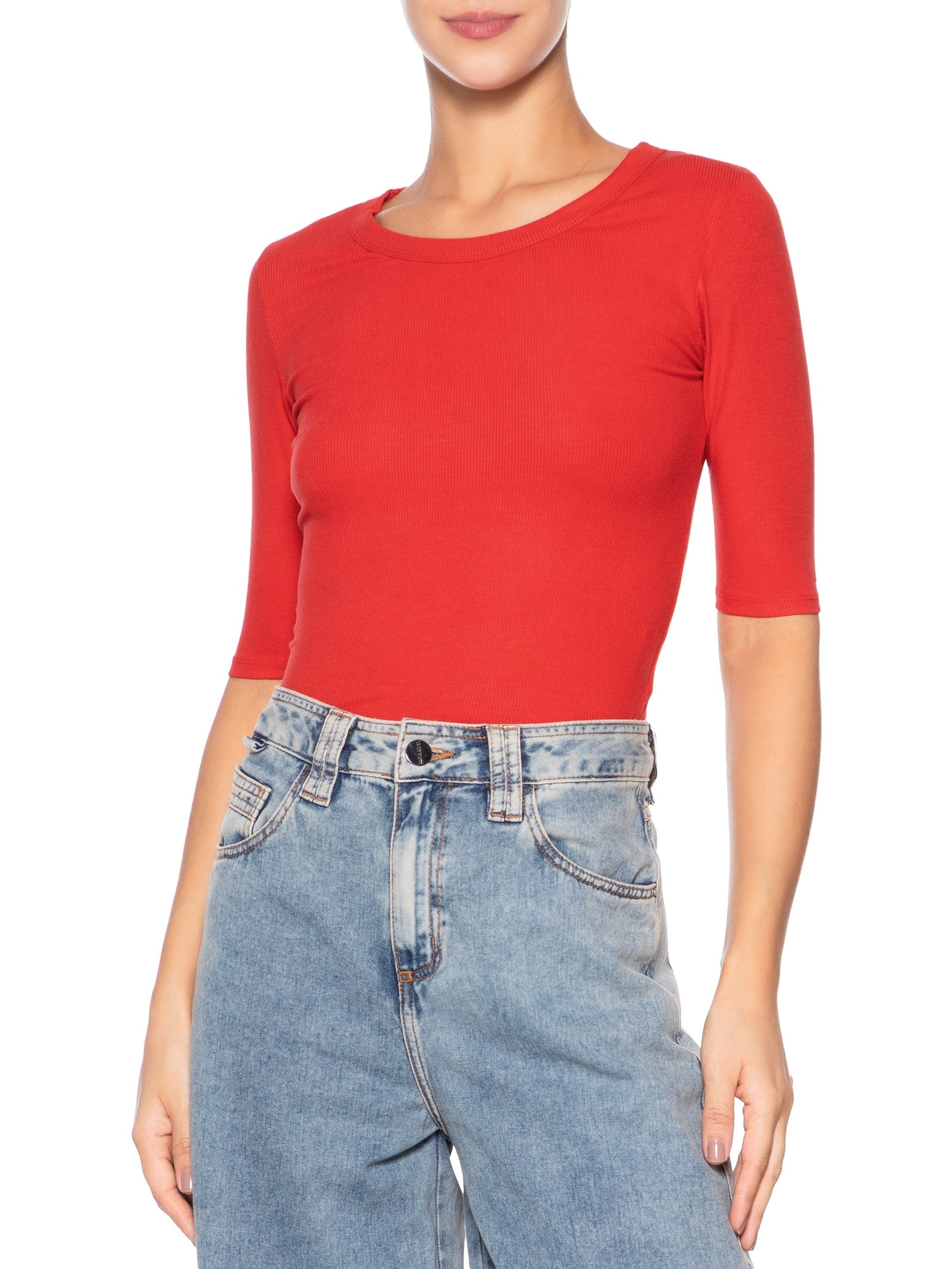 Camiseta Feminina Básica Com Manga Justa Vermelho Basiq