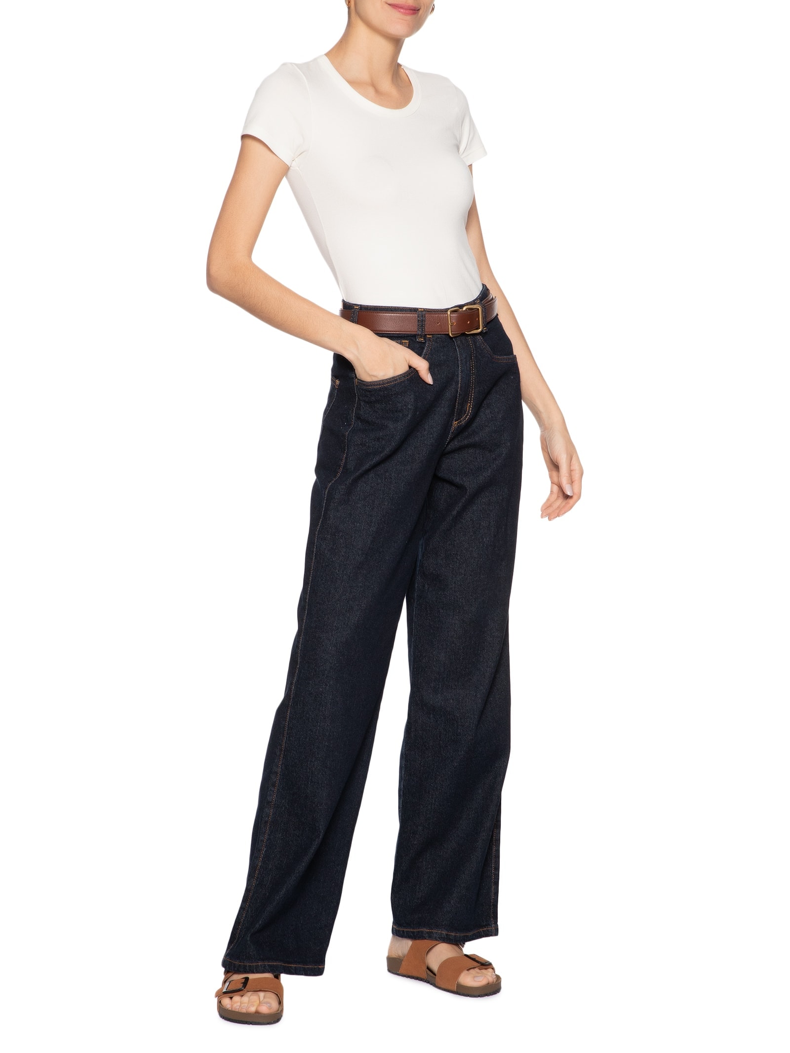 Camiseta Feminina Básica Decote Em U Off White Basiq